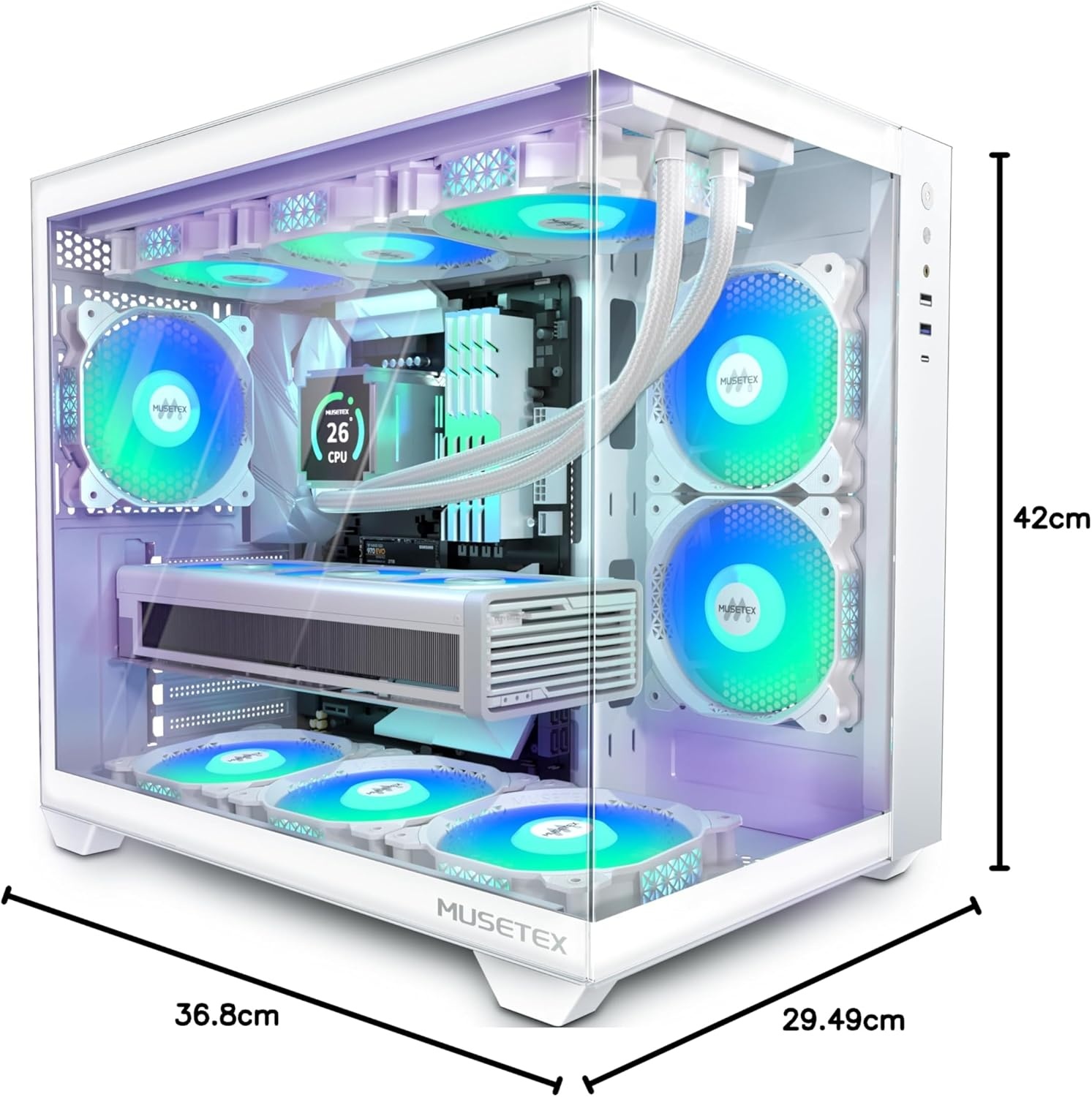 MUSETEX Y6 Mid Tower PC-hoes, wit, 5 x 120 mm PWM ARGB-ventilatoren, 270° gehard glas, ATX, Micro-ITX, 7 uitbreidingssleuven, USB 3.2 Type-C, 6,7 kg