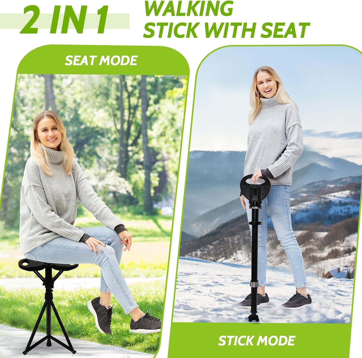 ALEVMOOM Verstelbare wandelstok met zitting voor mannen en vrouwen, opvouwbare wandelstokken met draagtas, schietstok max. belasting 440 lbs, draagbare rietkruk met kussen voor oudere volwassenen