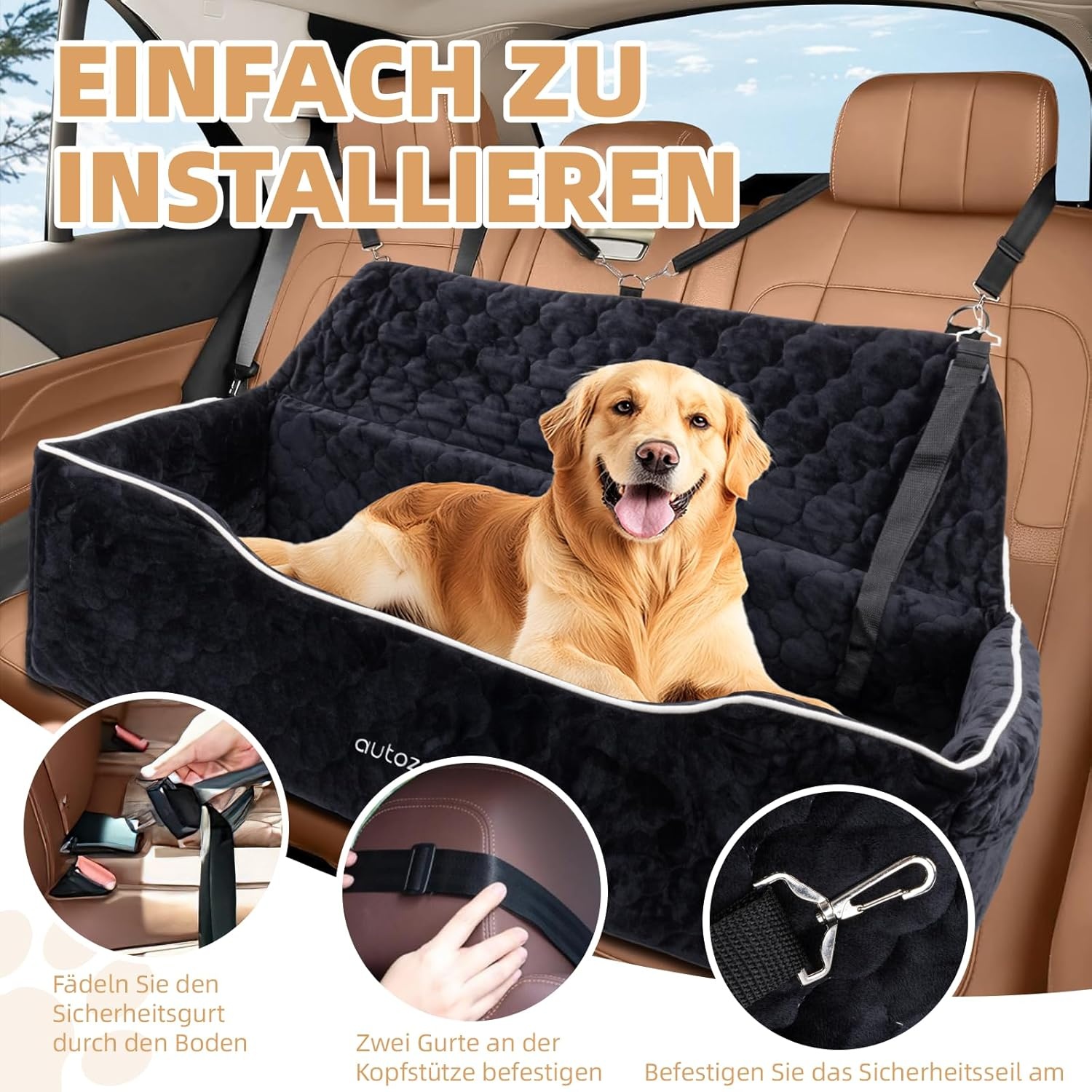 Hondenautostoel voor middelgrote en grote honden, afneembaar, wasbaar, hondenstoel, auto, hondenbed auto voor de achterbank, zwart