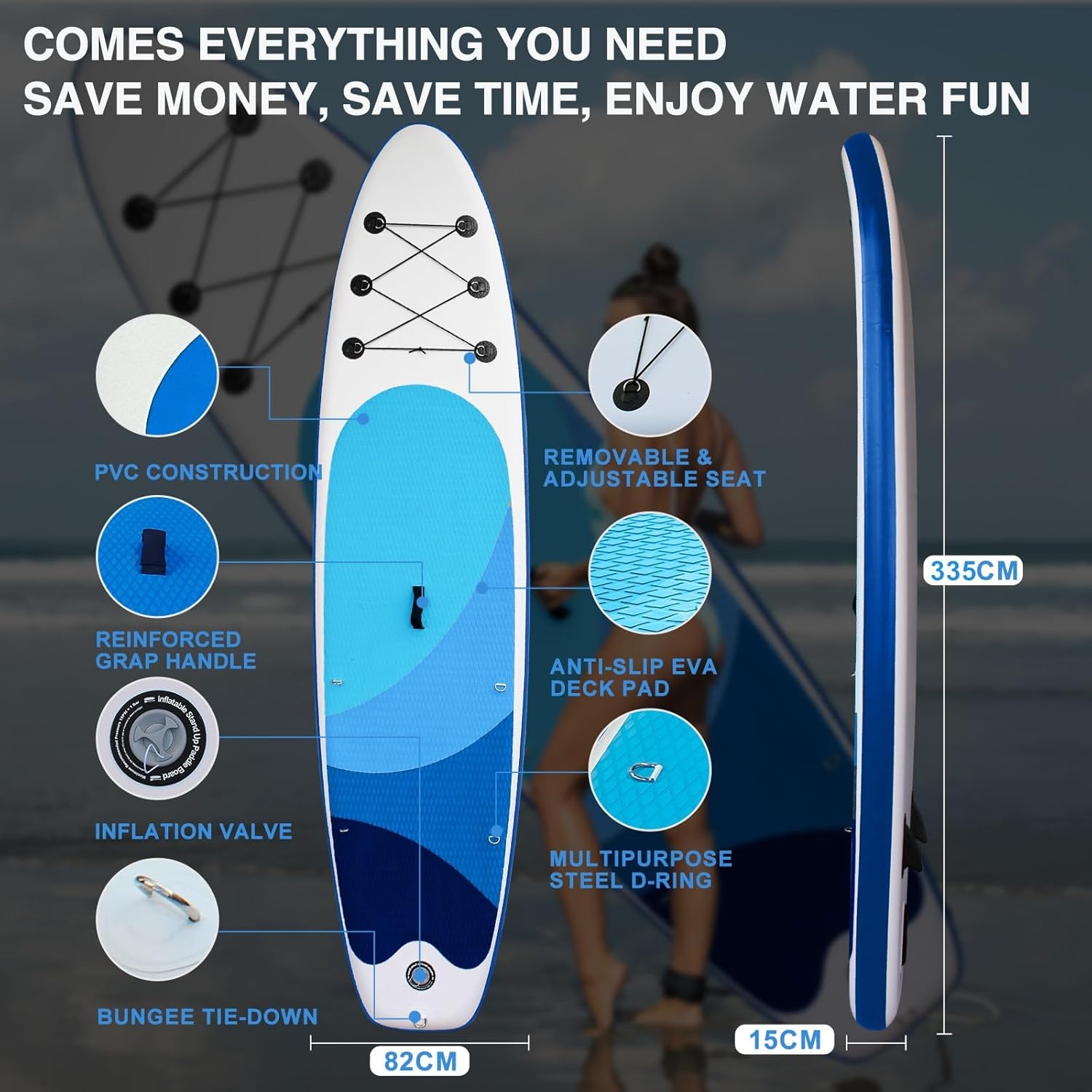SUP-board met zitting, opblaasbare surfplank met draagvermogen tot 200 kg, accessoires voor beginners, volwassenen en kinderen