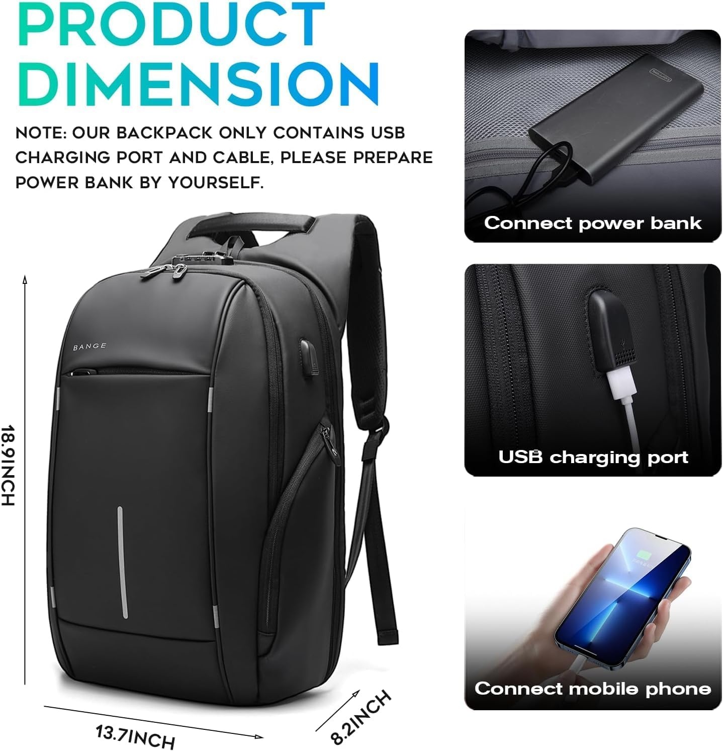 BANGE Business Laptop Rucksack mit Anti-Diebstahl Schnalle und Reißverschluss Tasche für Männer und Frauen (Schwarz aktualisieren)