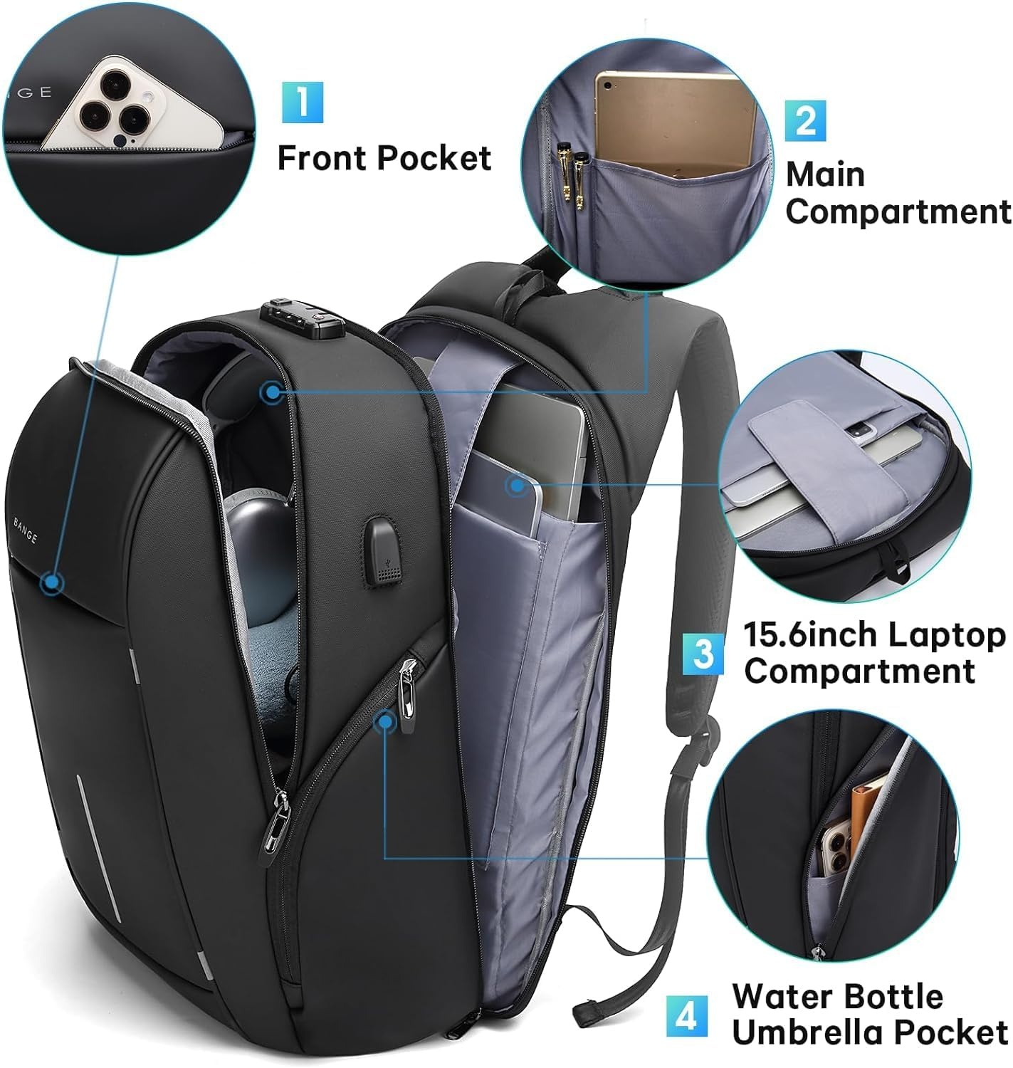 BANGE Business Laptop Rucksack mit Anti-Diebstahl Schnalle und Reißverschluss Tasche für Männer und Frauen (Schwarz aktualisieren)