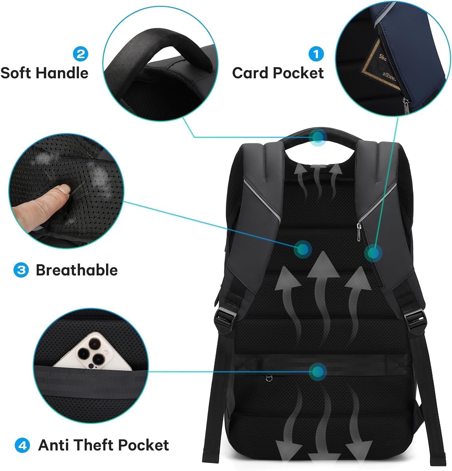 BANGE Business Laptop Rucksack mit Anti-Diebstahl Schnalle und Reißverschluss Tasche für Männer und Frauen (Schwarz aktualisieren)