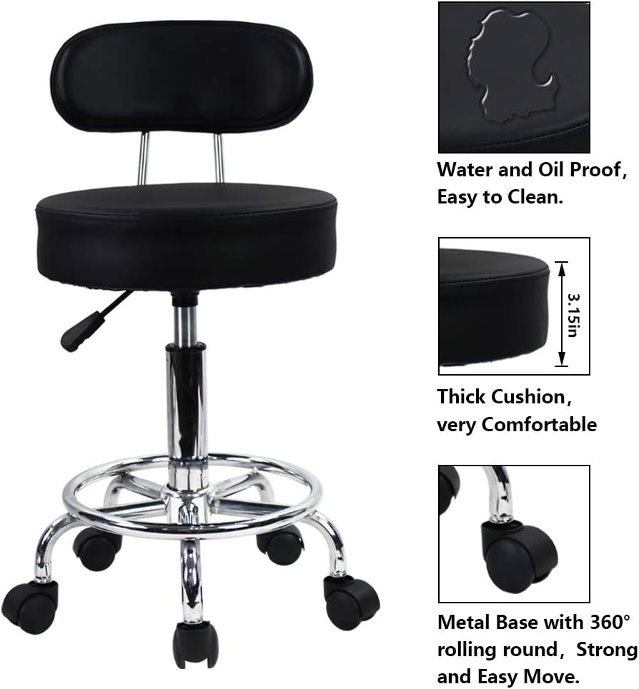 KKTONER Rol kruk Schommelstoel Bureaustoel, Hoogte verstelbaar, Draaibare kruk met lage rugleuning en voetensteun, gemaakt van PU-leer zwart