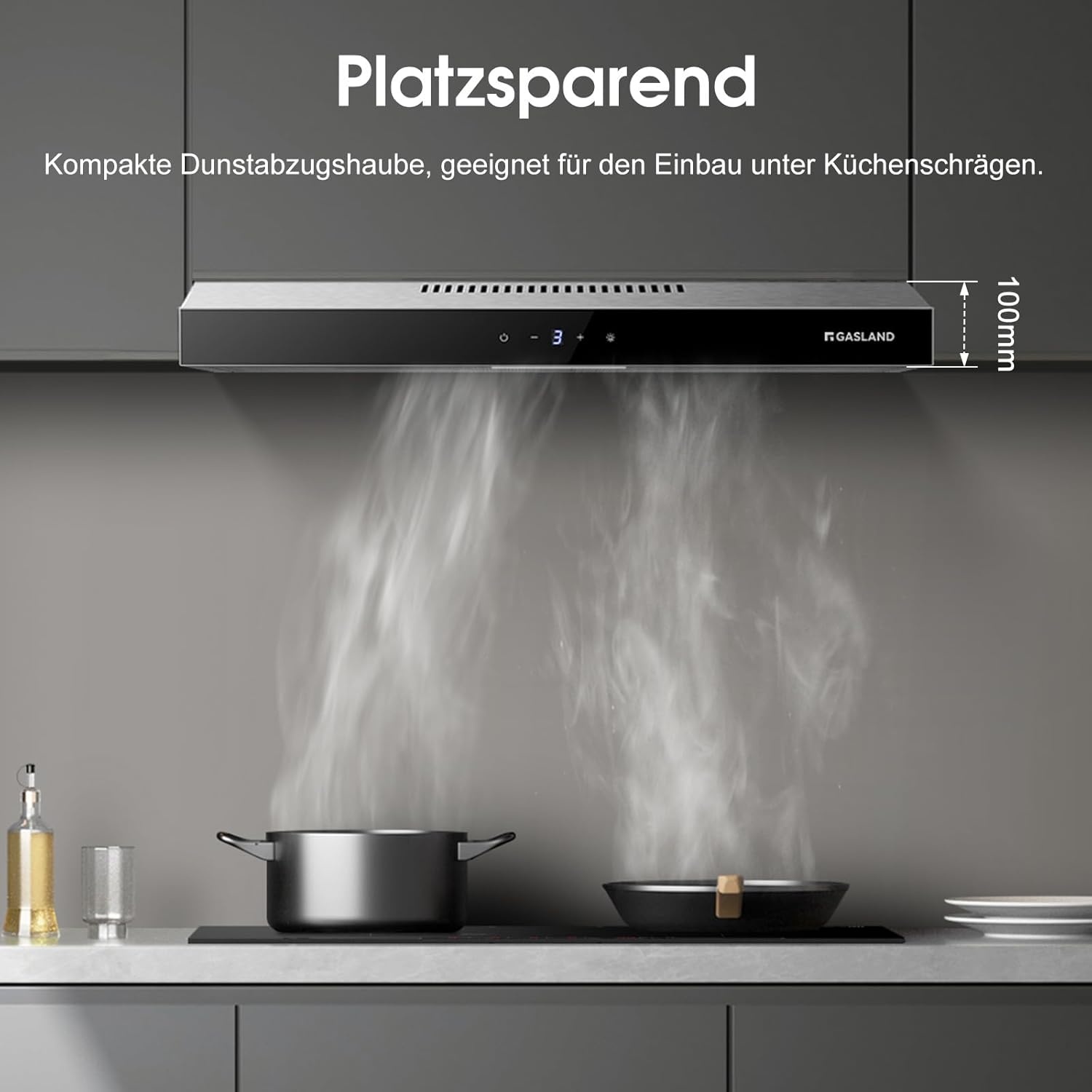 Gasland Chef SR60SS afzuigkap, 60 cm circulatie, stille afvoerlucht, 202 m³/uur, actieve koolfilter, 3 standen, Touch Control, onderbouwkap met filter, roestvrij staal, zilveren glazen schermen