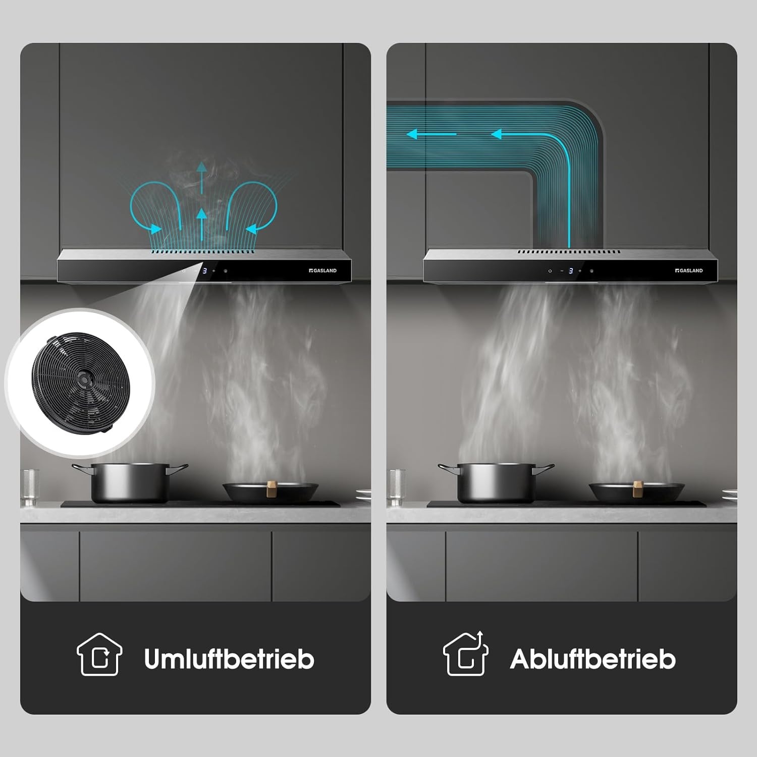 Gasland Chef SR60SS afzuigkap, 60 cm circulatie, stille afvoerlucht, 202 m³/uur, actieve koolfilter, 3 standen, Touch Control, onderbouwkap met filter, roestvrij staal, zilveren glazen schermen