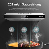 Gasland Chef SR60SS afzuigkap, 60 cm circulatie, stille afvoerlucht, 202 m³/uur, actieve koolfilter, 3 standen, Touch Control, onderbouwkap met filter, roestvrij staal, zilveren glazen schermen