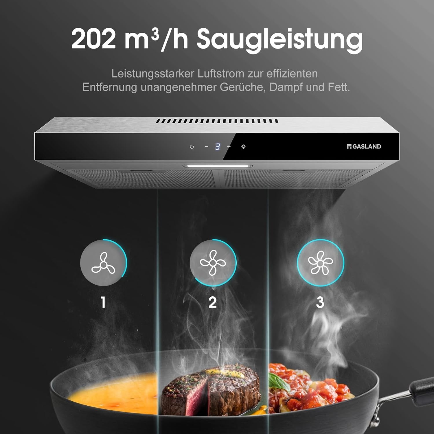 Gasland Chef SR60SS afzuigkap, 60 cm circulatie, stille afvoerlucht, 202 m³/uur, actieve koolfilter, 3 standen, Touch Control, onderbouwkap met filter, roestvrij staal, zilveren glazen schermen