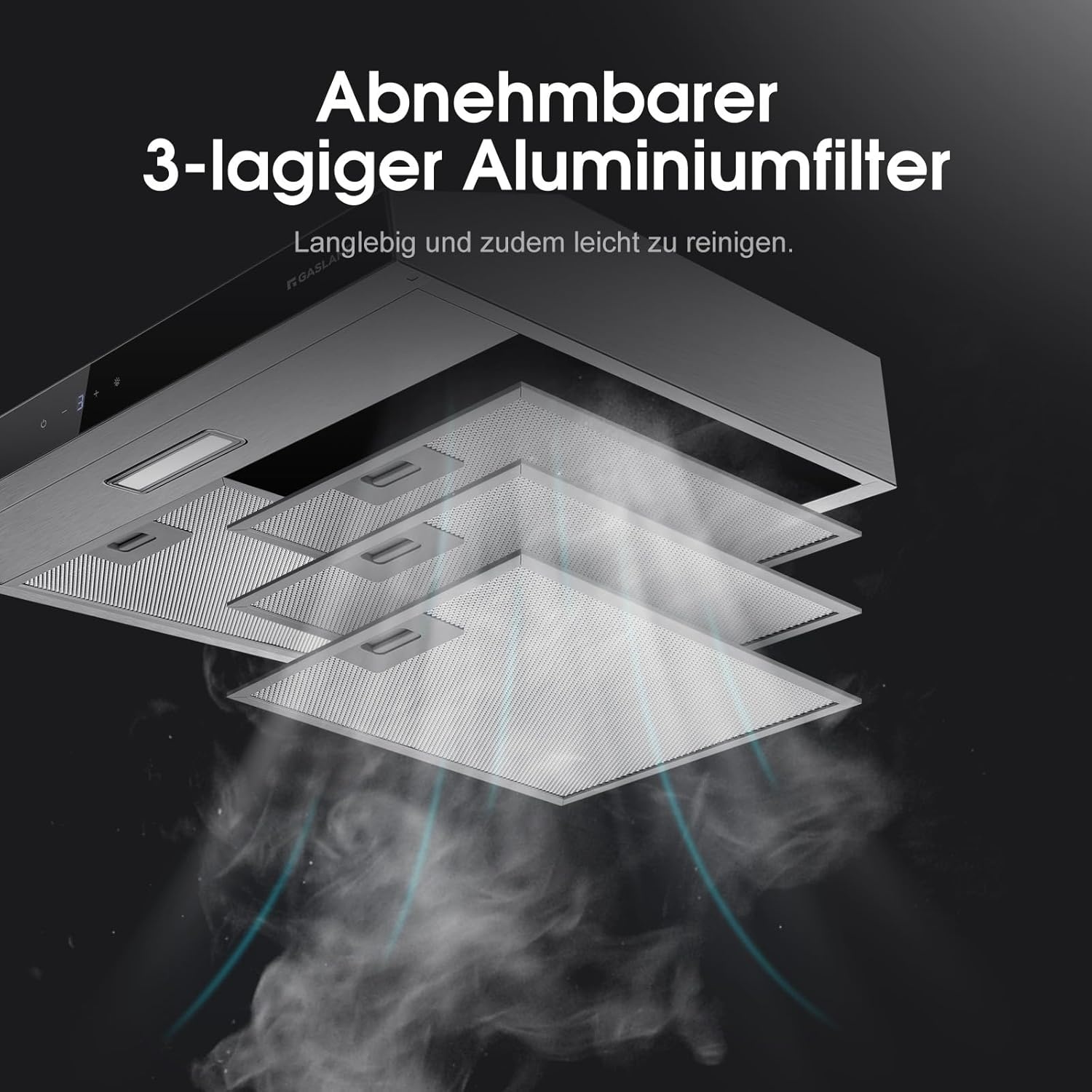 Gasland Chef SR60SS afzuigkap, 60 cm circulatie, stille afvoerlucht, 202 m³/uur, actieve koolfilter, 3 standen, Touch Control, onderbouwkap met filter, roestvrij staal, zilveren glazen schermen