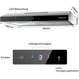 Gasland Chef SR60SS afzuigkap, 60 cm circulatie, stille afvoerlucht, 202 m³/uur, actieve koolfilter, 3 standen, Touch Control, onderbouwkap met filter, roestvrij staal, zilveren glazen schermen