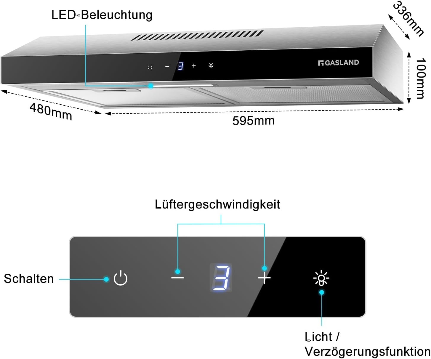 Gasland Chef SR60SS afzuigkap, 60 cm circulatie, stille afvoerlucht, 202 m³/uur, actieve koolfilter, 3 standen, Touch Control, onderbouwkap met filter, roestvrij staal, zilveren glazen schermen
