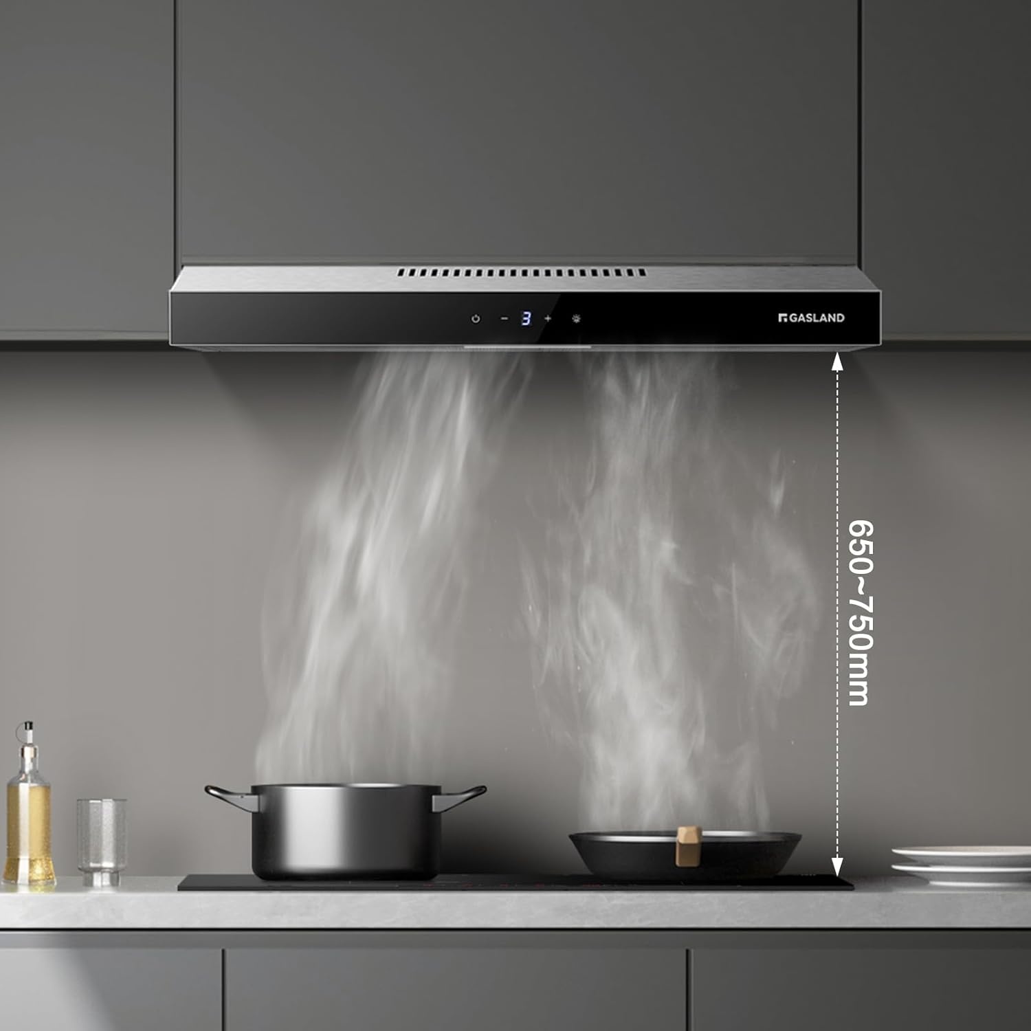 Gasland Chef SR60SS afzuigkap, 60 cm circulatie, stille afvoerlucht, 202 m³/uur, actieve koolfilter, 3 standen, Touch Control, onderbouwkap met filter, roestvrij staal, zilveren glazen schermen