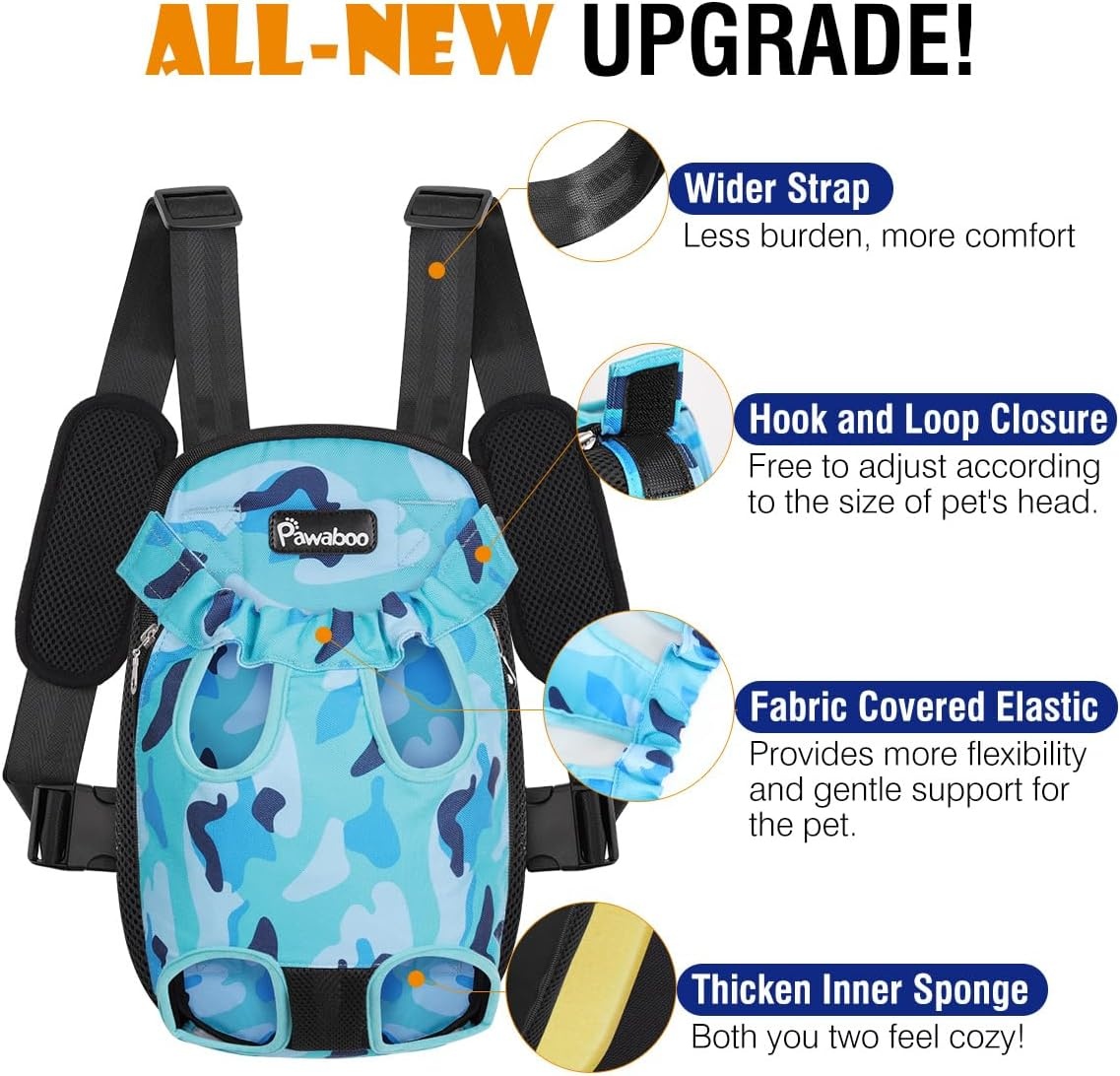 Pawaboo Pet Carrier Backpack, Adjustable Pet Front Cat Dog Carrier Backpack Travel Bag, Legs Out, Easy-Fit for Traveling Hiking Camping for Small Medium Dogs, Large Size, Blue Camouflage