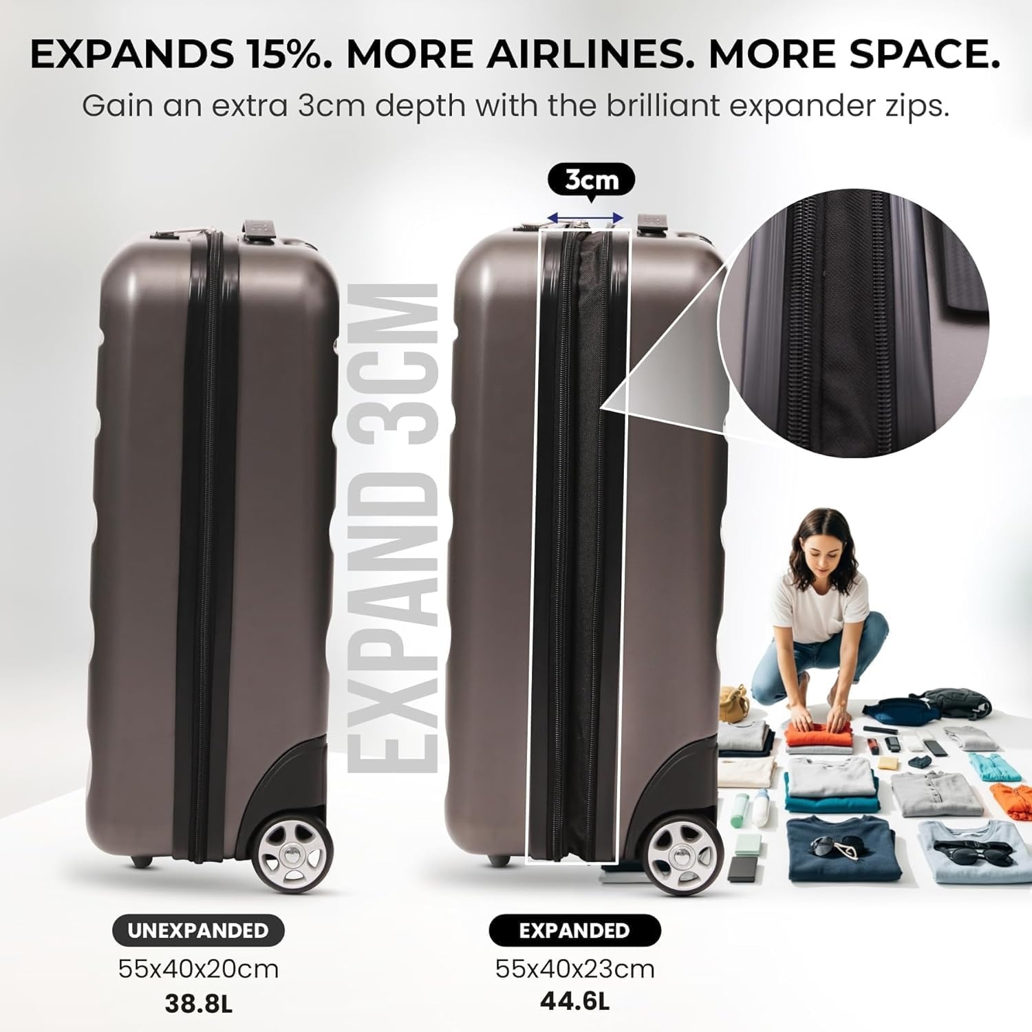 Aerolite Expandable 55x40x20cm to 55x40x23cm Ryanair Priority Wizz Air Priority & More Max Size Lightweight Hard Shell Carry On Hand Cabin Luggage Suitcase 55x40x20 55x40x23, 2-Wheels