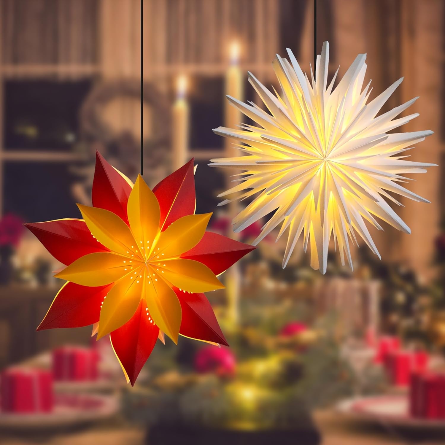 Kerstster verlicht, papieren sterren voor Kerstmis, 3D-sterraam, kerstdecoratie voor binnen, om op te hangen, met verlichting, diameter 60 cm, wit