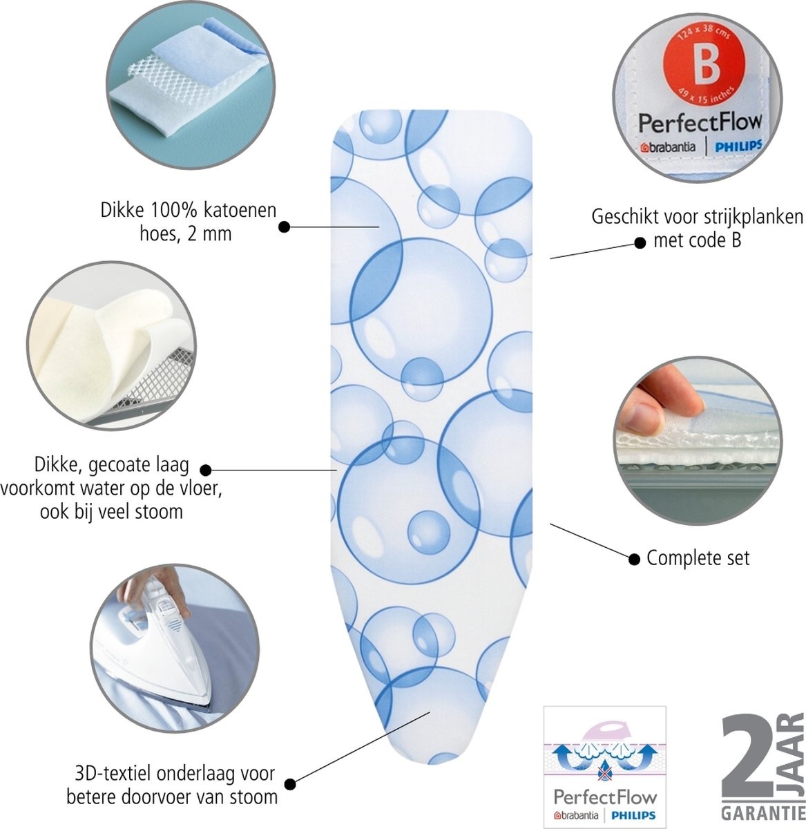 Brabantia Strijkplankhoes B - 124x38cm Complete Set - Bubbles (43% Korting!)