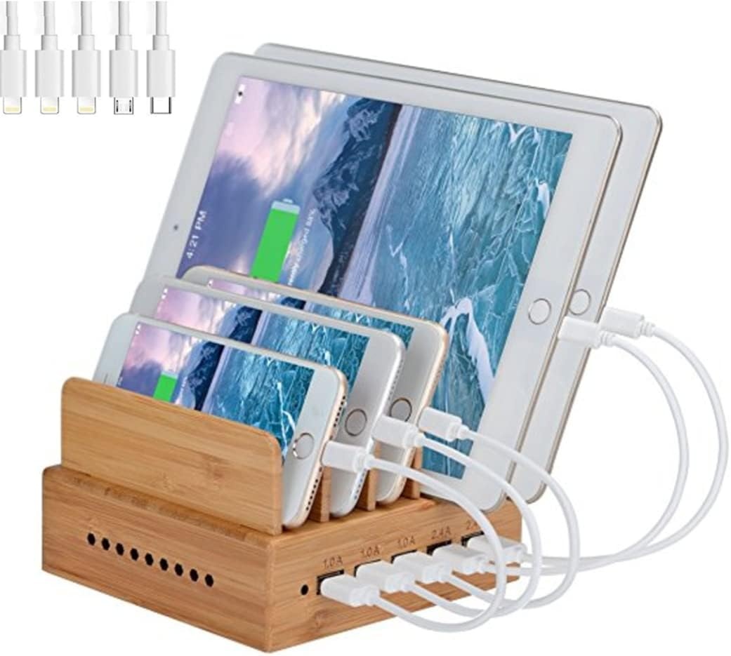 Yisen Houten bamboe oplaadstation voor meerdere apparaten, 5-poorts USB-oplaadstation voor iPhone, iPad, universele telefoons, tablets en andere USB-apparaten (met 5 USB-oplaadkabels)
