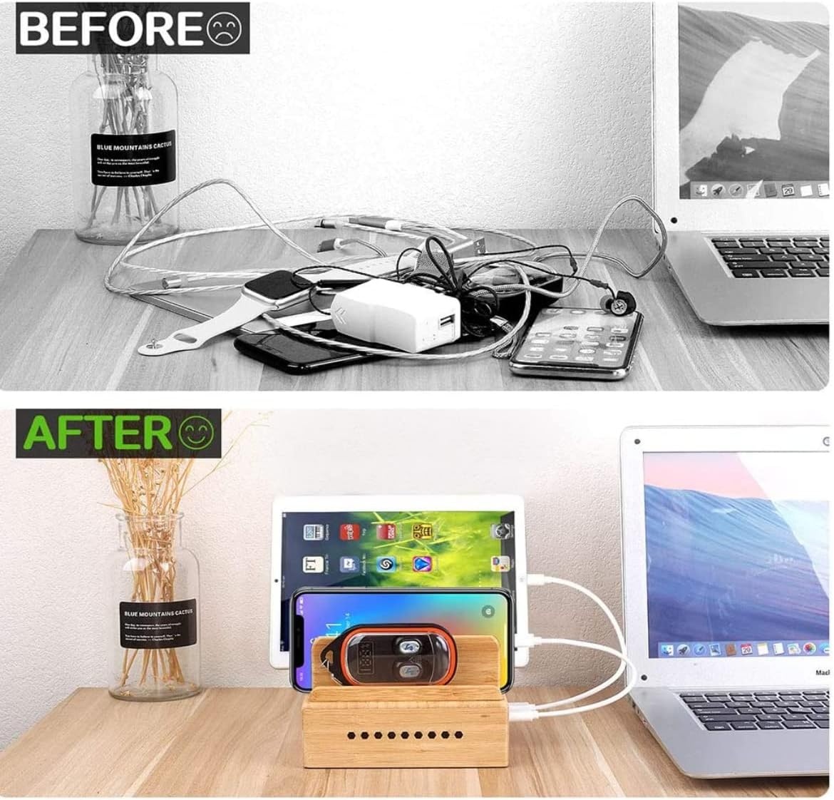 Yisen Houten bamboe oplaadstation voor meerdere apparaten, 5-poorts USB-oplaadstation voor iPhone, iPad, universele telefoons, tablets en andere USB-apparaten (met 5 USB-oplaadkabels)