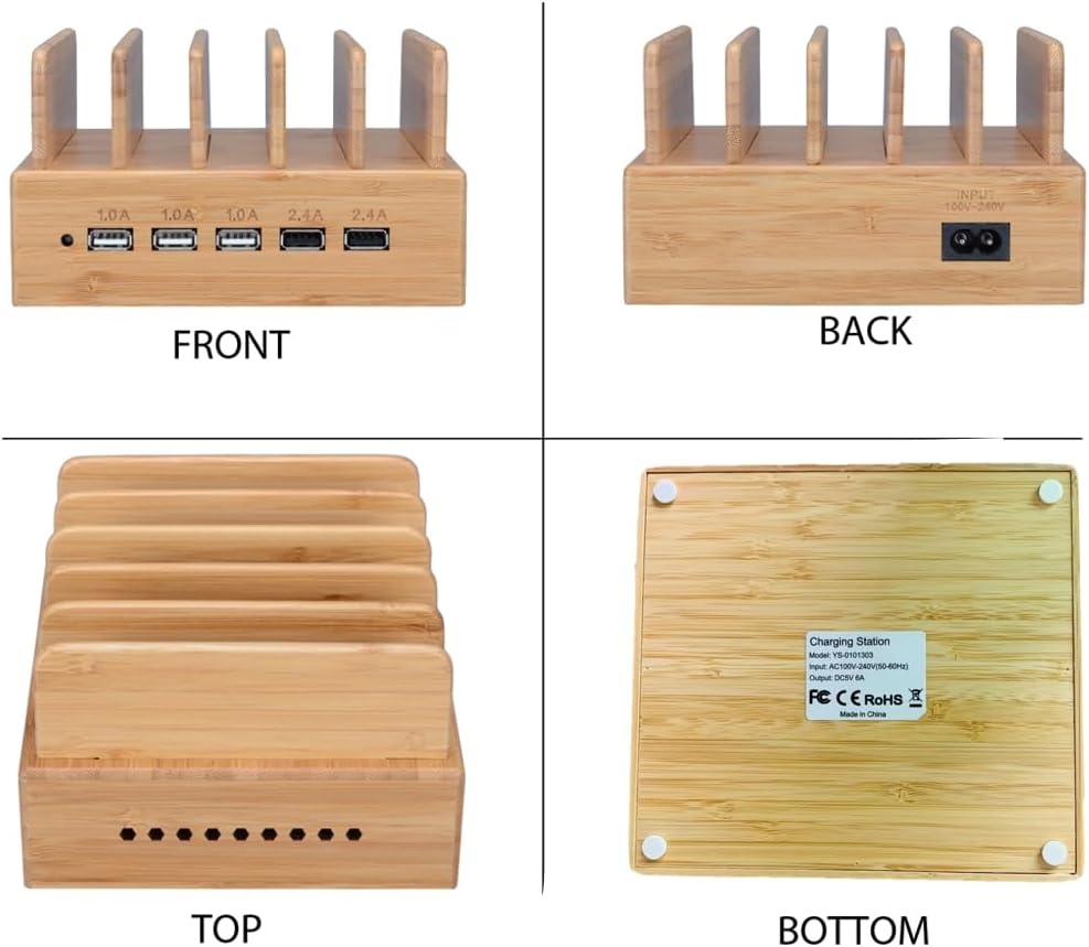 Yisen Houten bamboe oplaadstation voor meerdere apparaten, 5-poorts USB-oplaadstation voor iPhone, iPad, universele telefoons, tablets en andere USB-apparaten (met 5 USB-oplaadkabels)