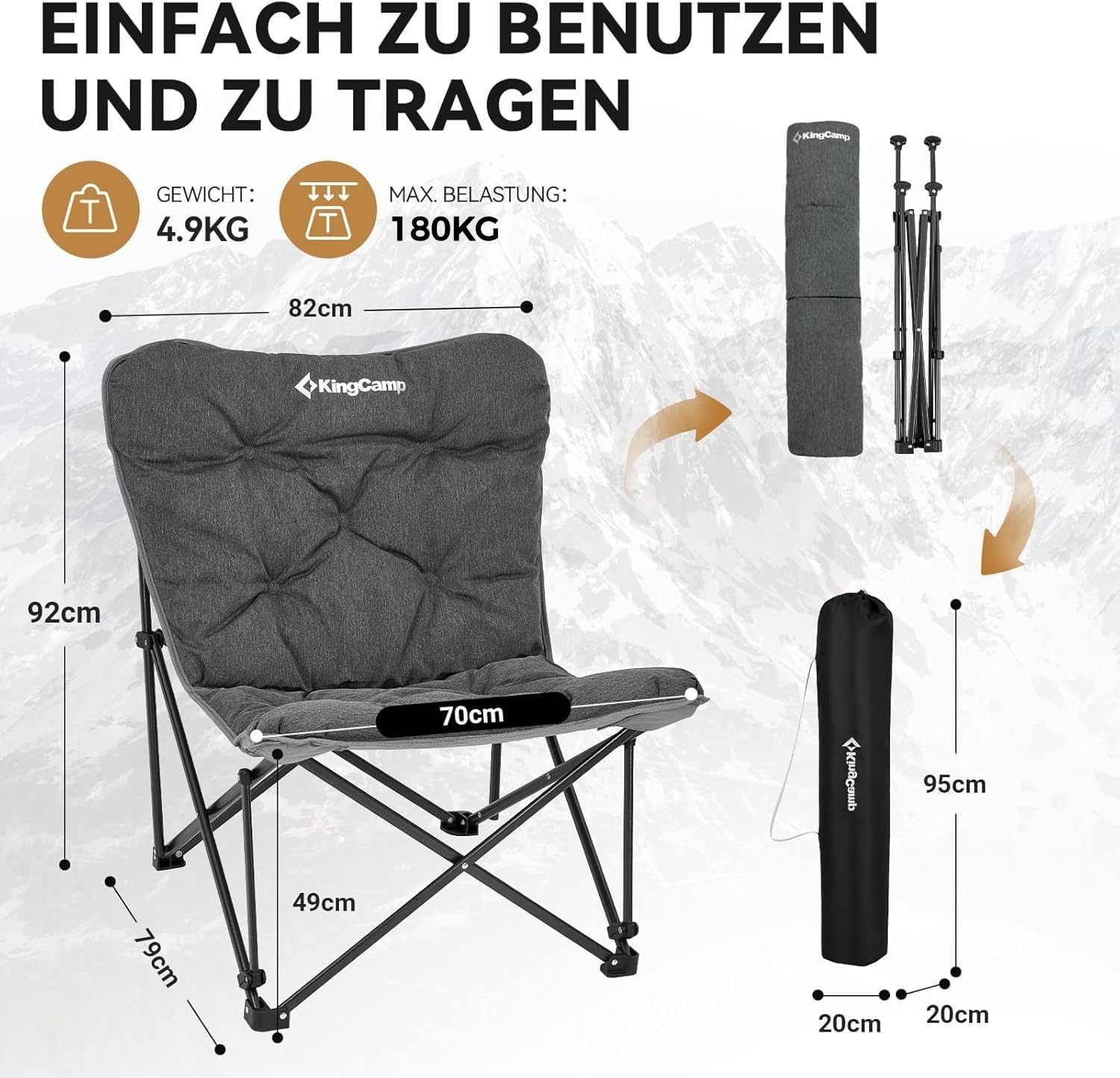 KingCamp Campingstoel, opvouwbaar, licht, campingstoel, hoge rugleuning, comfortabele bekleding, campingstoel, XXL met tas, relaxstoel voor camping, tuin, balkon, strand, outdoor, vlinder,