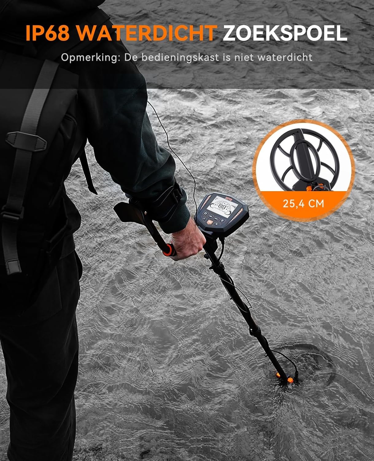 SUNPOW Metaaldetector, professionele set, IP68 waterdichte spoel, identificeert 9 soorten metalen, hoge nauwkeurigheid, 25 cm detectiediepte, 5 modi, sterke anti-interferentie, geschikt voor