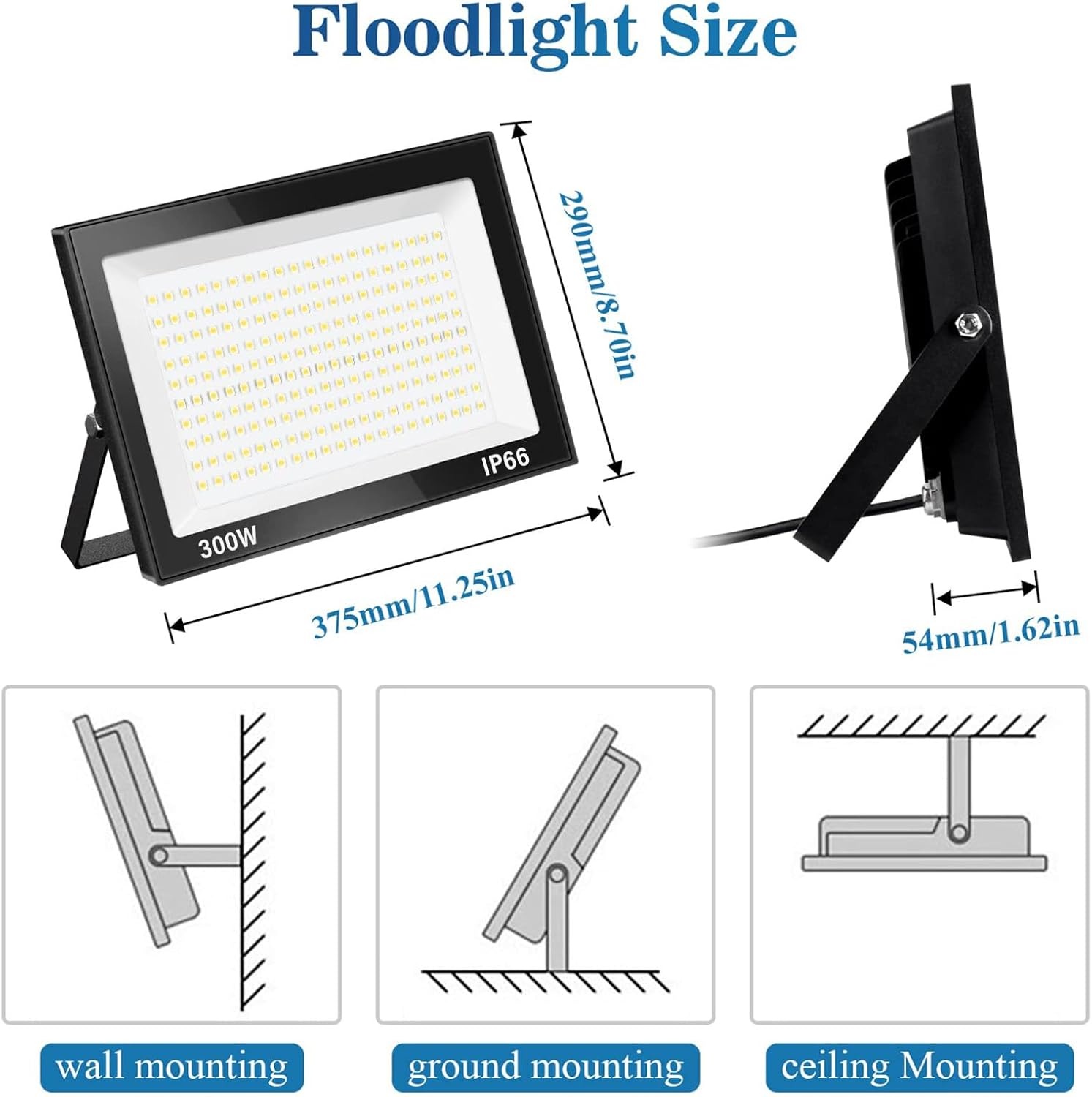 Led-spot, 300 W, voor buiten, 30.000 lm, IP66, waterdicht, voor buiten, super helder, buitenverlichting, koud wit (6000 K), veiligheid, ledspot voor stadions, fabrieken, parkeerplaats,