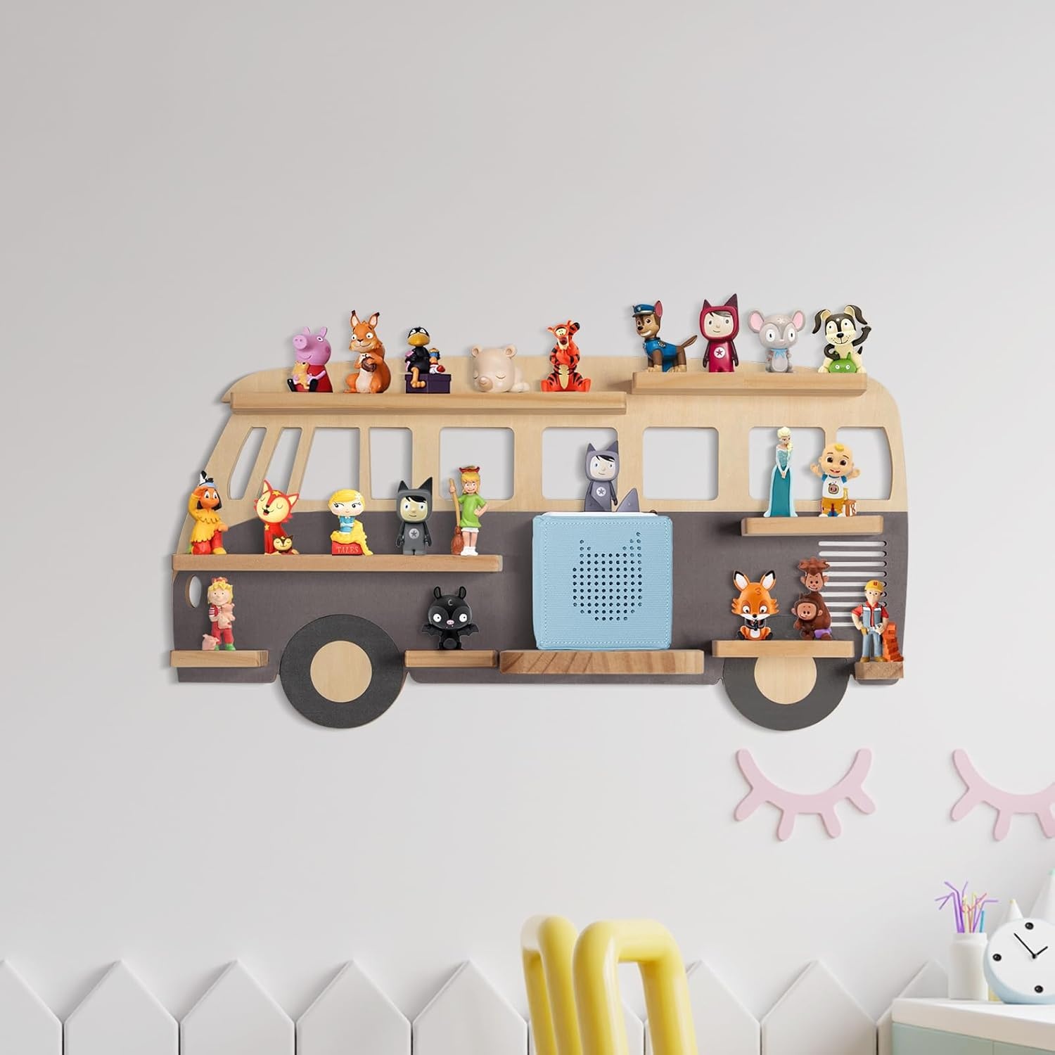 Todeco Magnetisch rek voor Tonie Box en Tonies, tot 20-25 Tonies, wandrek voor muziekdoos voor kinderen, bus, grijs