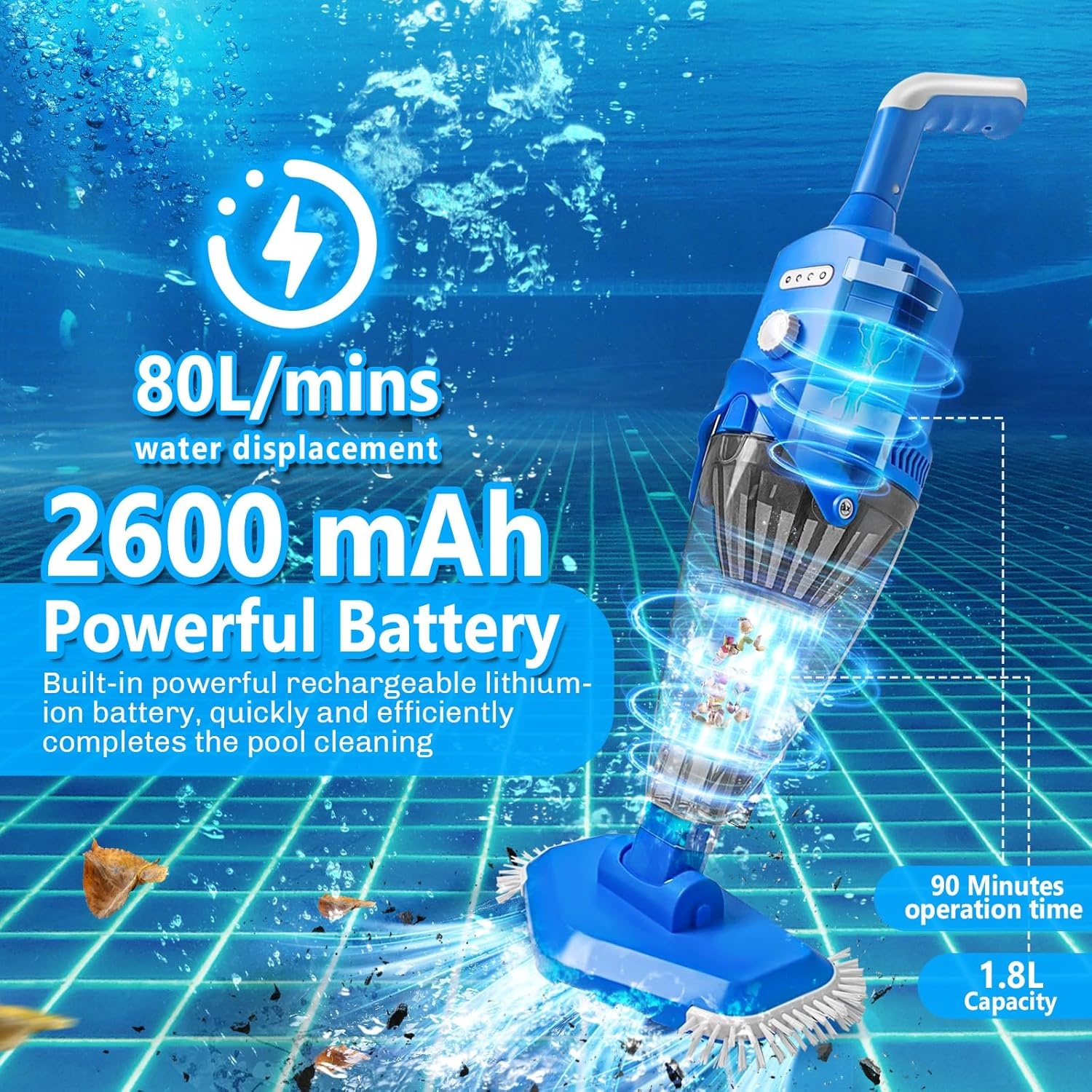 Nieuwe zwembadstofzuiger met sterkere zuigkracht, oplaadbare zwembadreiniger, 2,3 liter filter, handstofzuiger voor zwembaden, spa's, whirlpool (blauw)