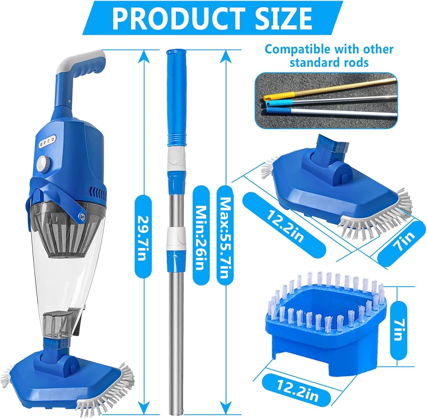 Nieuwe zwembadstofzuiger met sterkere zuigkracht, oplaadbare zwembadreiniger, 2,3 liter filter, handstofzuiger voor zwembaden, spa's, whirlpool (blauw)