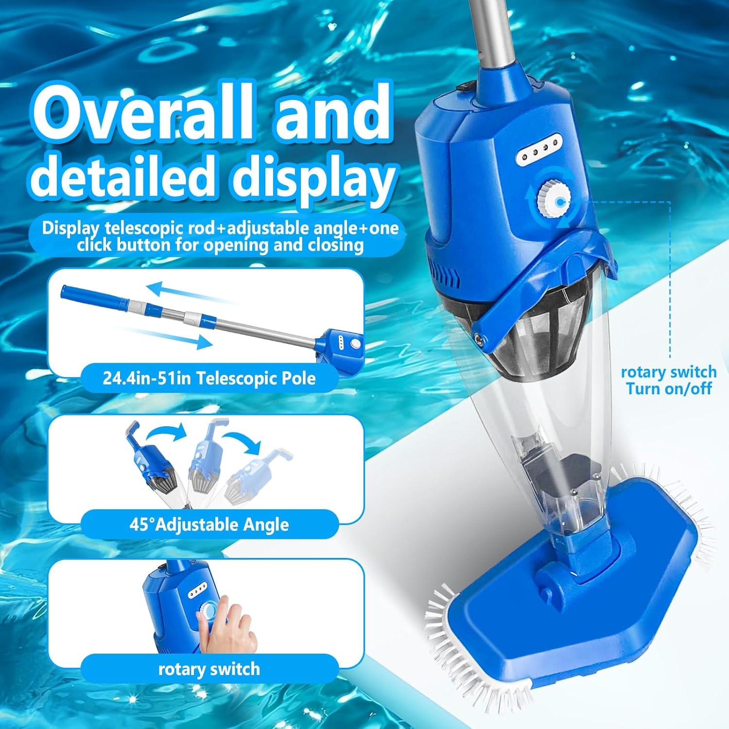 Nieuwe zwembadstofzuiger met sterkere zuigkracht, oplaadbare zwembadreiniger, 2,3 liter filter, handstofzuiger voor zwembaden, spa's, whirlpool (blauw)