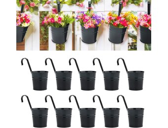 KINGLAKE 10 pièces Pots de Fleurs en métal à Suspendre 16cm, Pot Fleur Suspendre Metal pour intérieur extérieur Balcon clôture - avec Crochet Amovibles-Noir