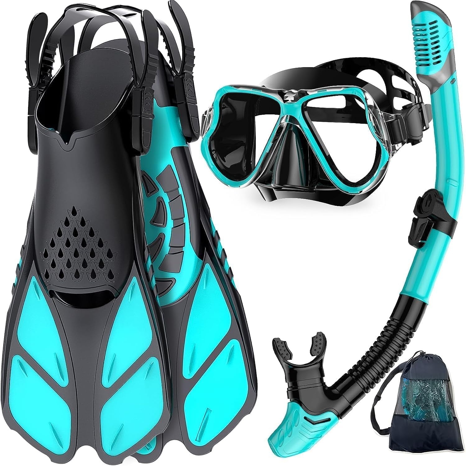 Zenoplige Snorkelset volwassenen met flippers, snorkelmasker met verstelbare zwemvinnen, snorkelpakketten snorkelmasker en flippers set met draagtas voor beginners en snorkelaars