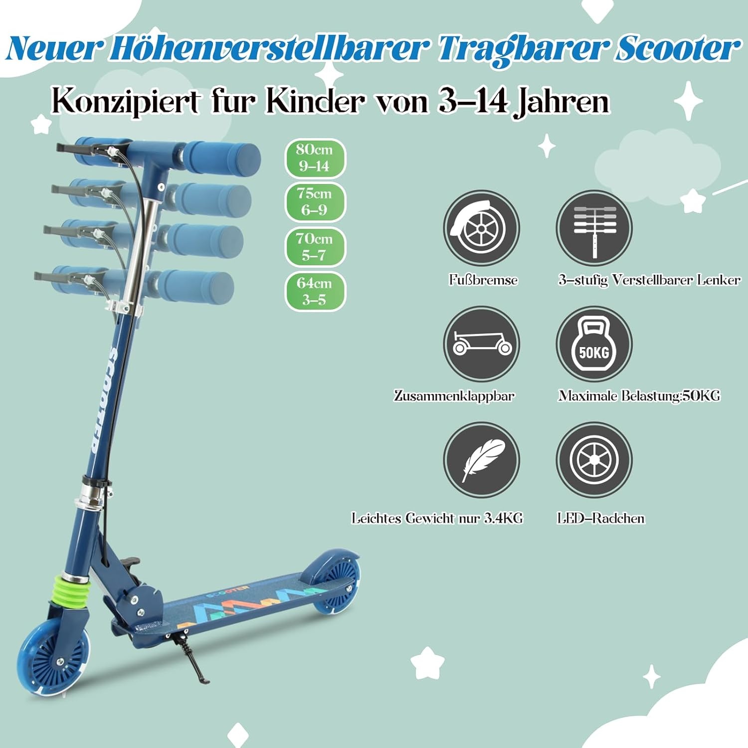 TENBOOM Kinderstep voor kinderen vanaf 3 jaar, 2 wielen, inklapbaar, 3 in hoogte verstelbare kinderstep, led-wielen, kinderstep voor meisjes en jongens