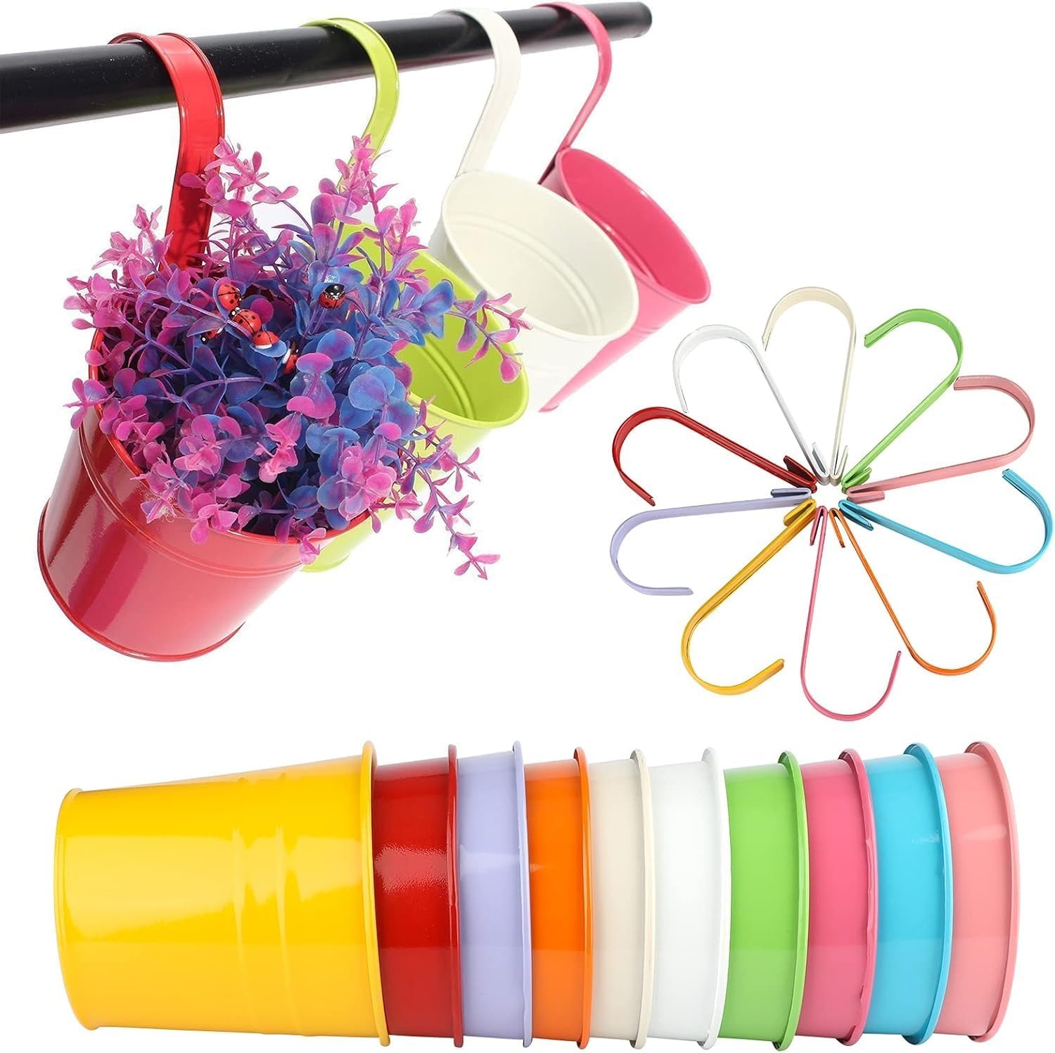 KINGLAKE 10 stuks opknoping bloempotten, ijzeren planten potten emmer plantenbak met drainage gat perfect voor tuin thuis Décor 10 stuks