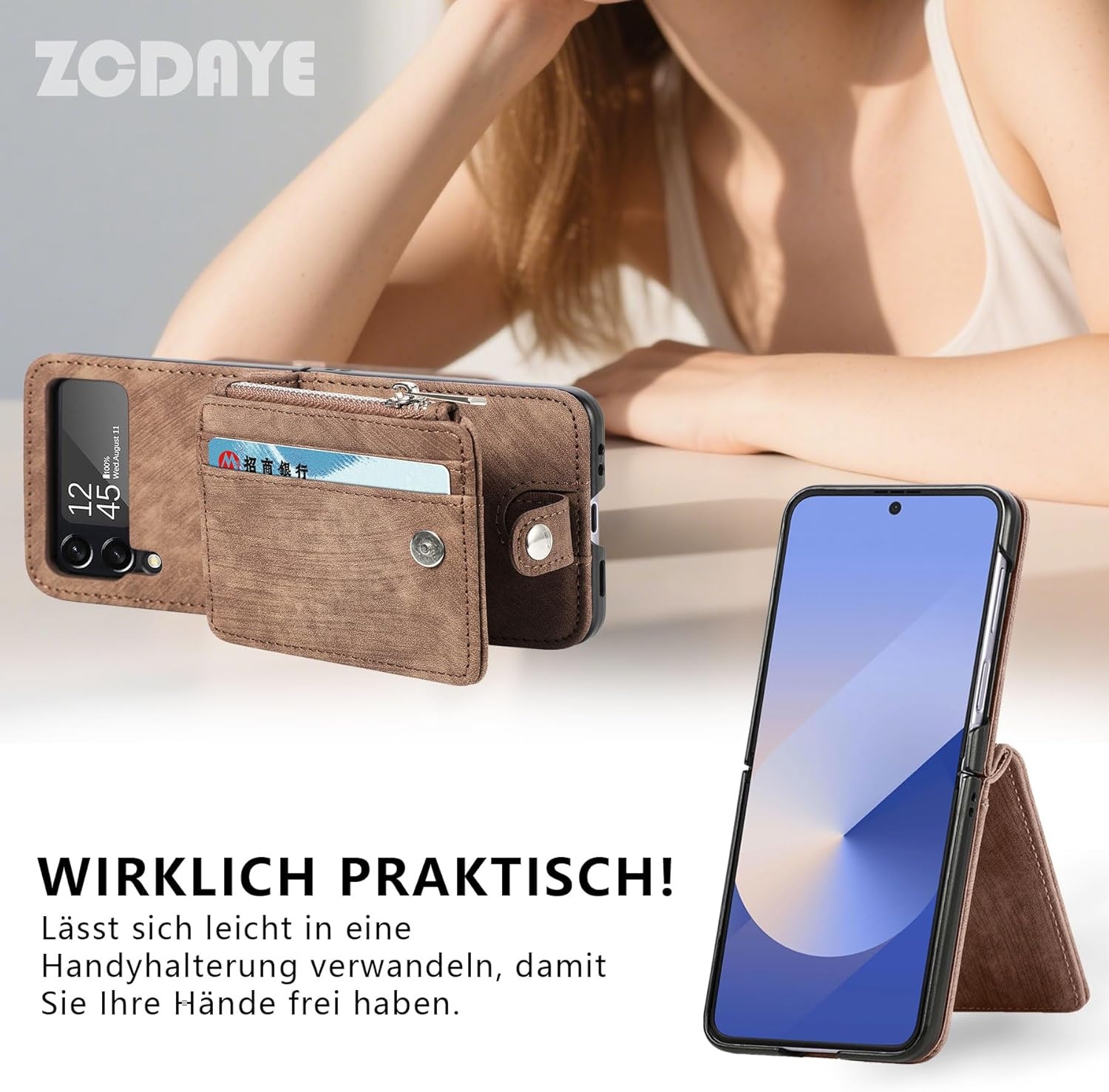 ZCDAYE Hoesje voor Samsung Z Flip 4 met Kaartvak - Bruin (22% Korting)