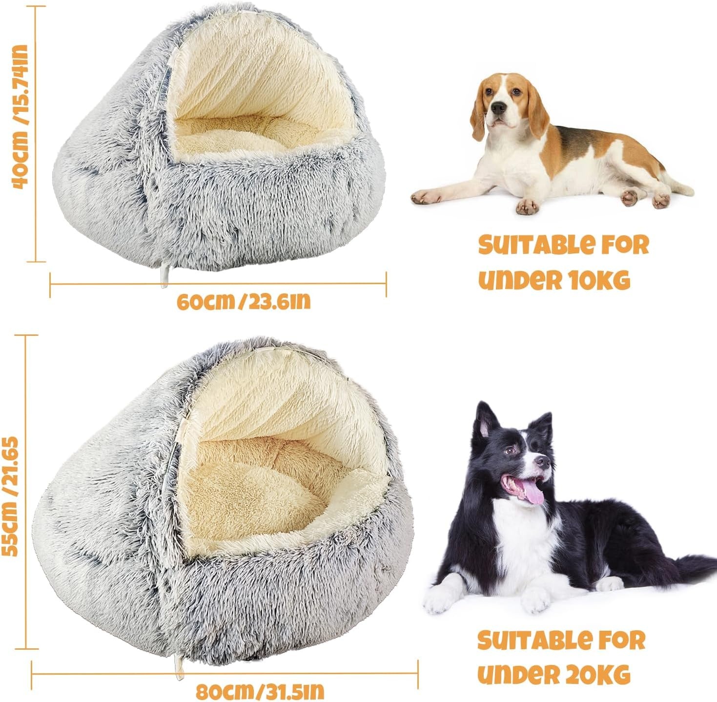 YAGE Hondenbed 80 cm, capuchon met steunen - Pluizig, kalmerend huisdierbed Geschikt voor huisdieren onder de 20 kg met afneembare wasbare hoes, luxe superzachte huisdierengrot bed wasbaar patent nr