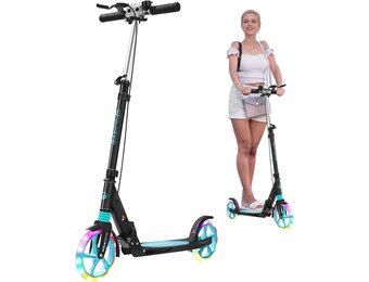 Kinderstep voor kinderen van 8 tot 12 jaar/volwassenen, 2 wielen, 3-traps verstelbaar stuur, achterwielrem, opvouwbaar, led-lichtwielen