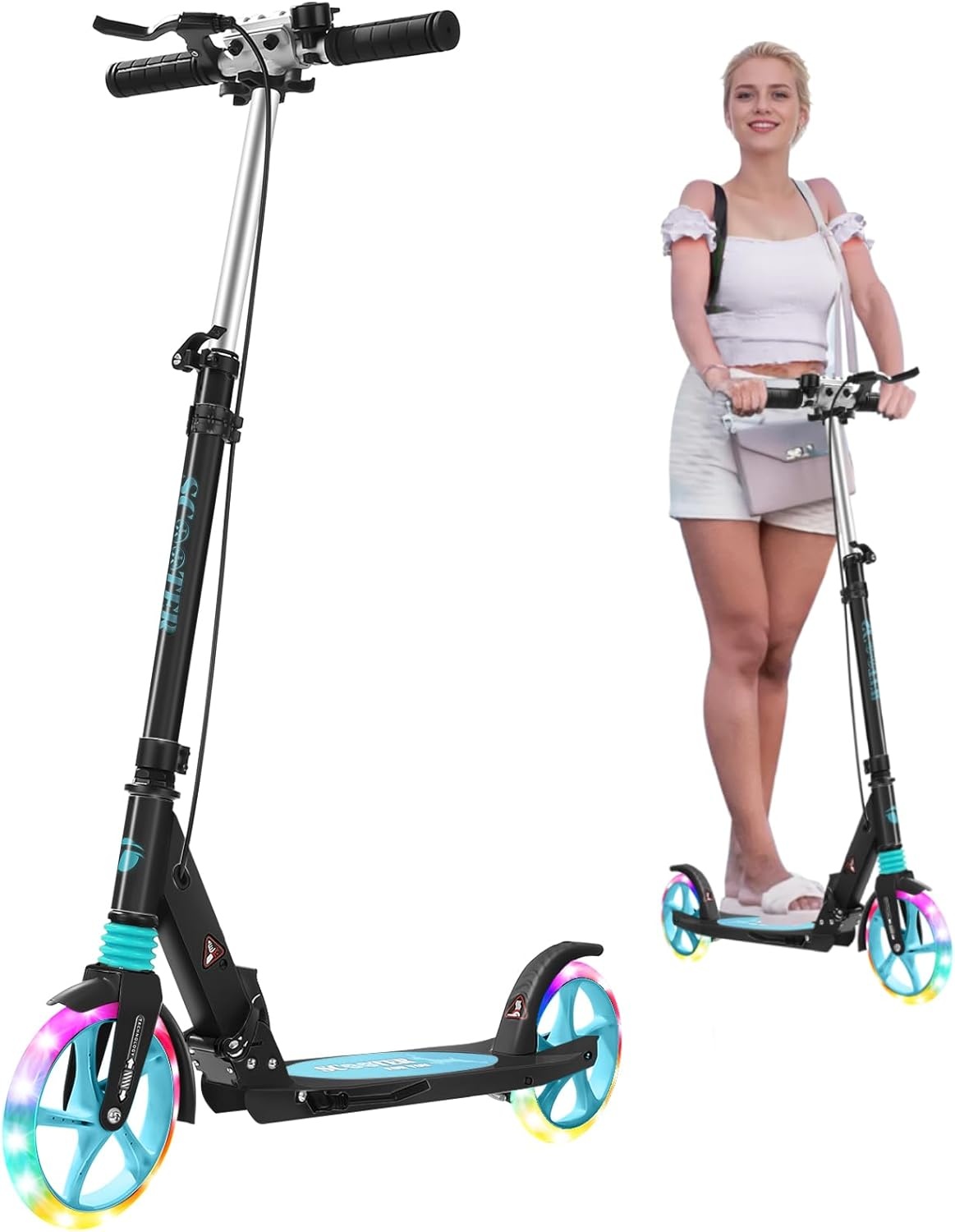 Kinderstep voor kinderen van 8 tot 12 jaar/volwassenen, 2 wielen, 3-traps verstelbaar stuur, achterwielrem, opvouwbaar, led-lichtwielen