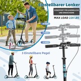 Kinderstep voor kinderen van 8 tot 12 jaar/volwassenen, 2 wielen, 3-traps verstelbaar stuur, achterwielrem, opvouwbaar, led-lichtwielen