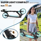 Kinderstep voor kinderen van 8 tot 12 jaar/volwassenen, 2 wielen, 3-traps verstelbaar stuur, achterwielrem, opvouwbaar, led-lichtwielen