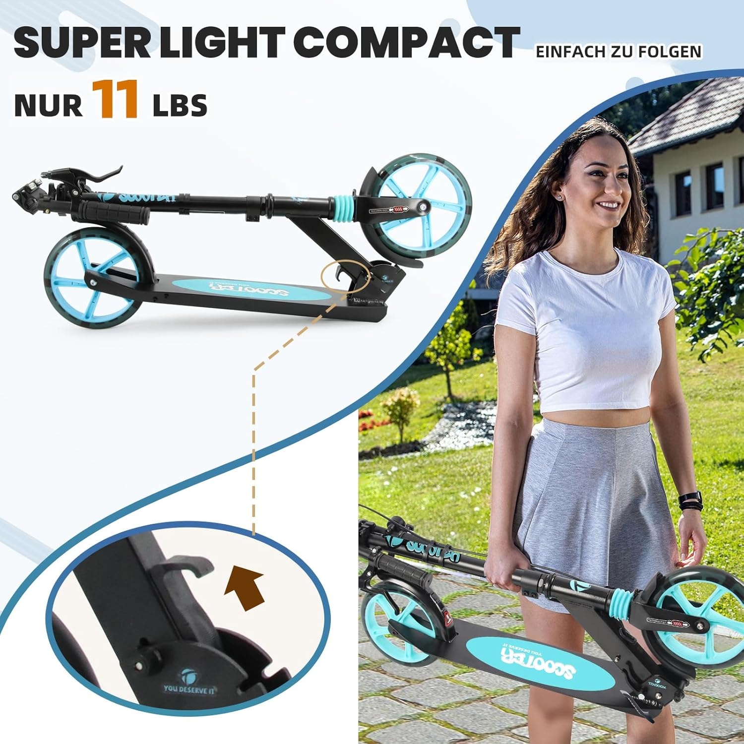 Kinderstep voor kinderen van 8 tot 12 jaar/volwassenen, 2 wielen, 3-traps verstelbaar stuur, achterwielrem, opvouwbaar, led-lichtwielen