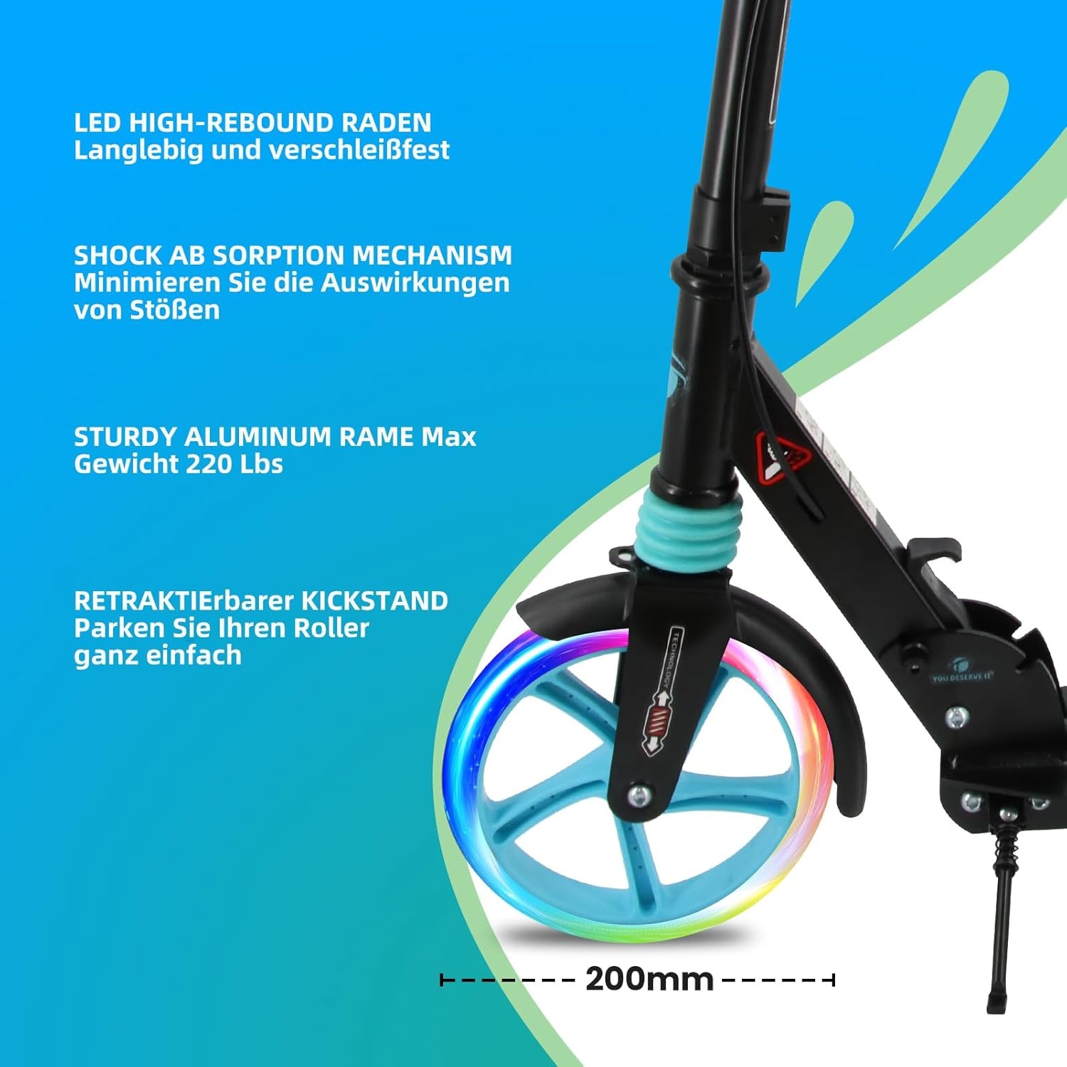 Kinderstep voor kinderen van 8 tot 12 jaar/volwassenen, 2 wielen, 3-traps verstelbaar stuur, achterwielrem, opvouwbaar, led-lichtwielen