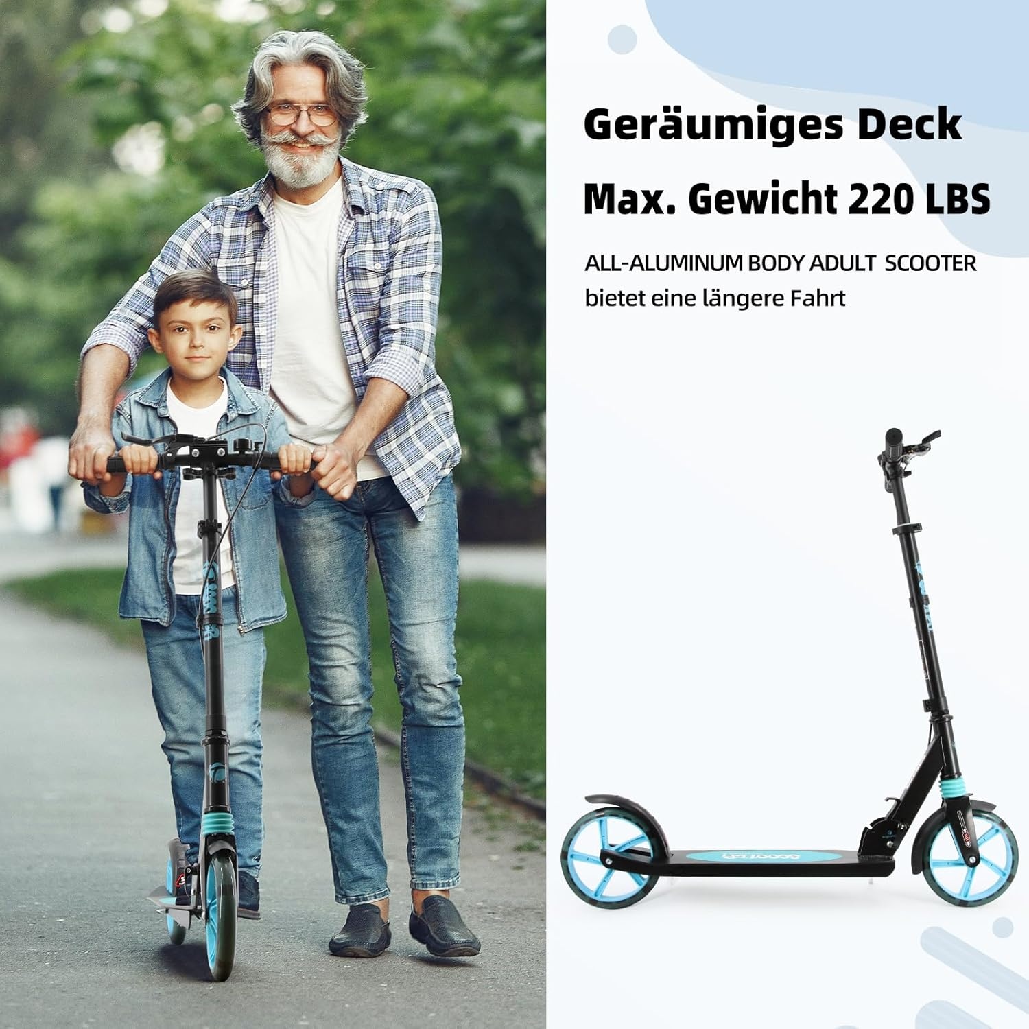 Kinderstep voor kinderen van 8 tot 12 jaar/volwassenen, 2 wielen, 3-traps verstelbaar stuur, achterwielrem, opvouwbaar, led-lichtwielen