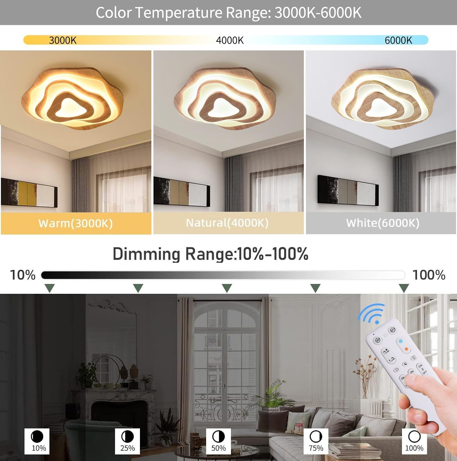 Moderne Houten LED Plafondlamp - 60cm, Dimmbaar met Afstandsbediening - 34% Korting!