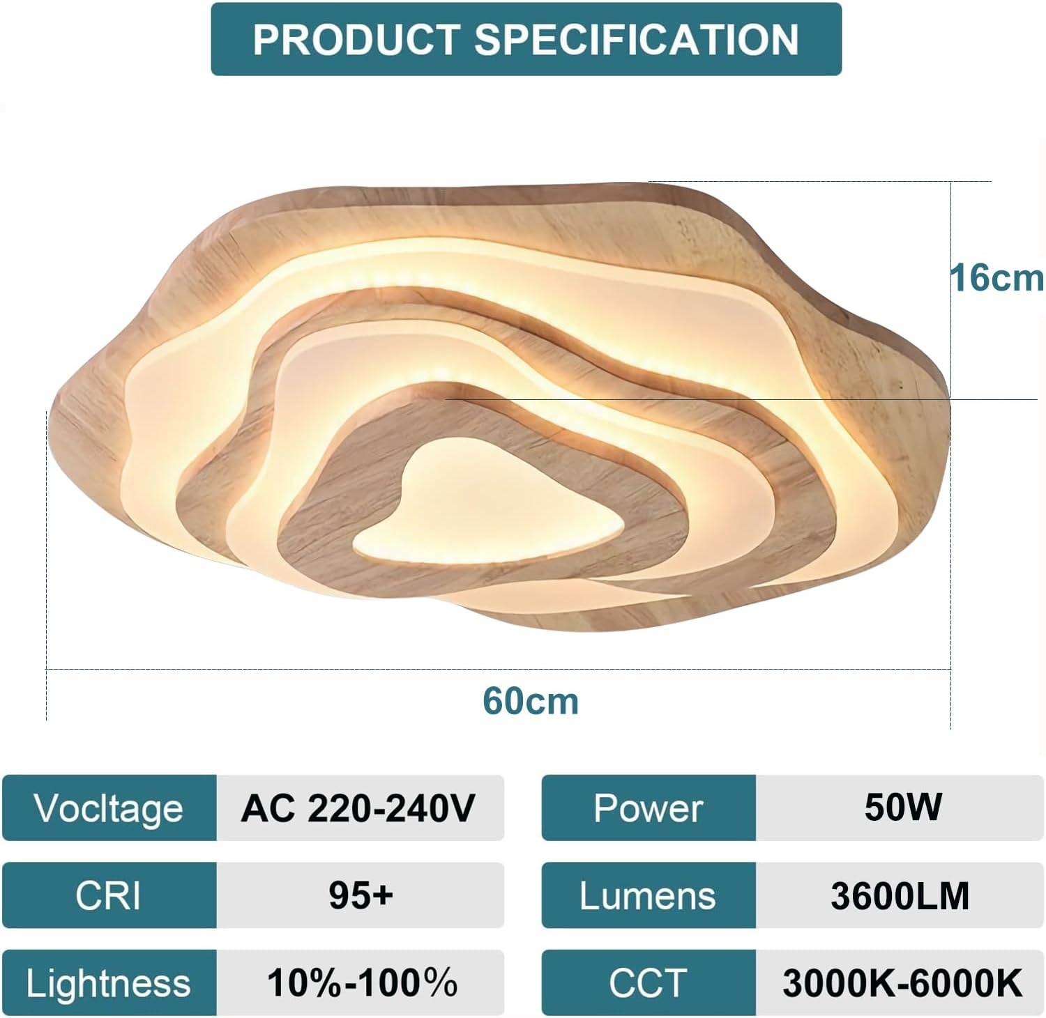 Moderne Houten LED Plafondlamp - 60cm, Dimmbaar met Afstandsbediening - 34% Korting!