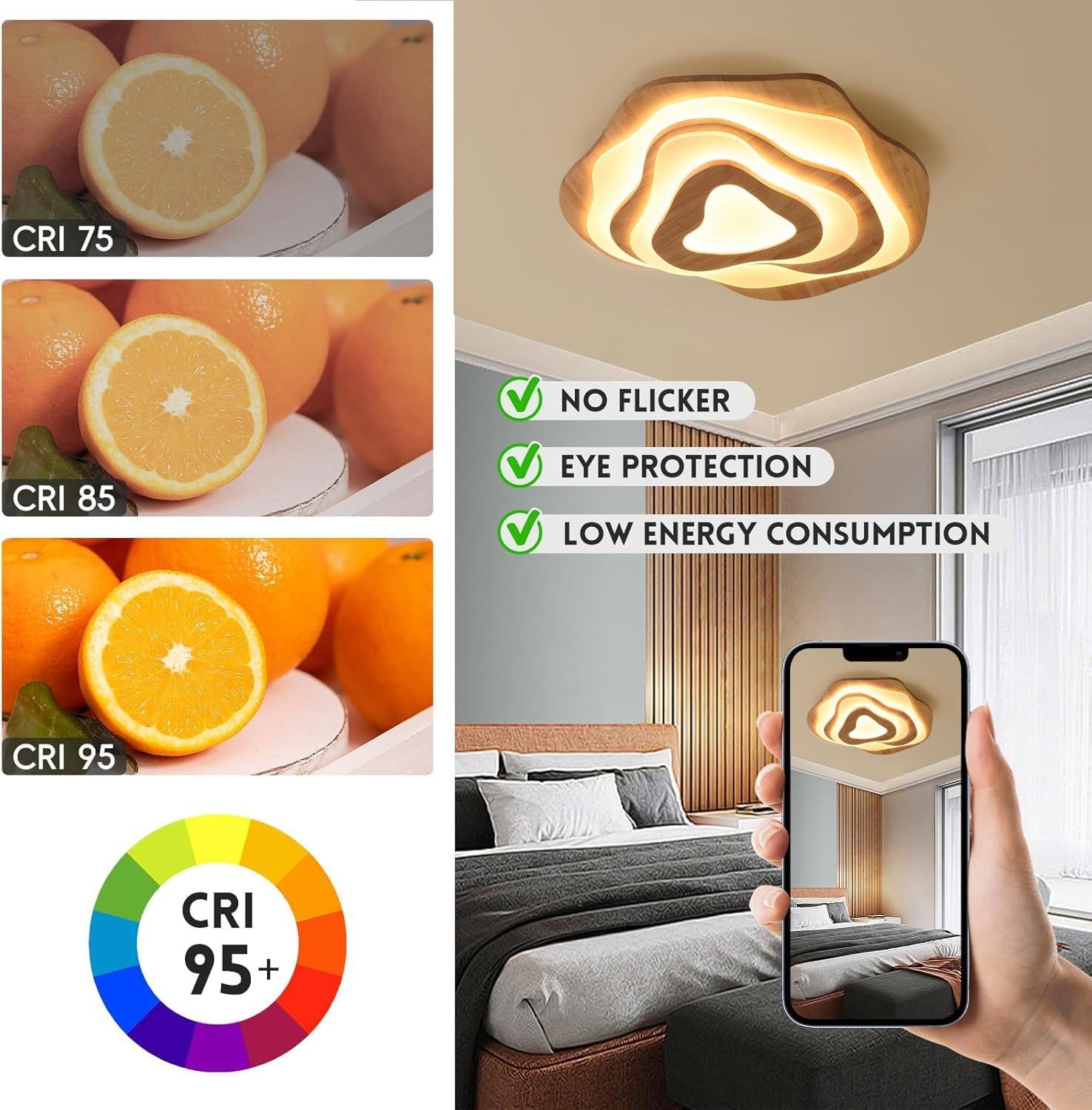 Moderne Houten LED Plafondlamp - 60cm, Dimmbaar met Afstandsbediening - 34% Korting!