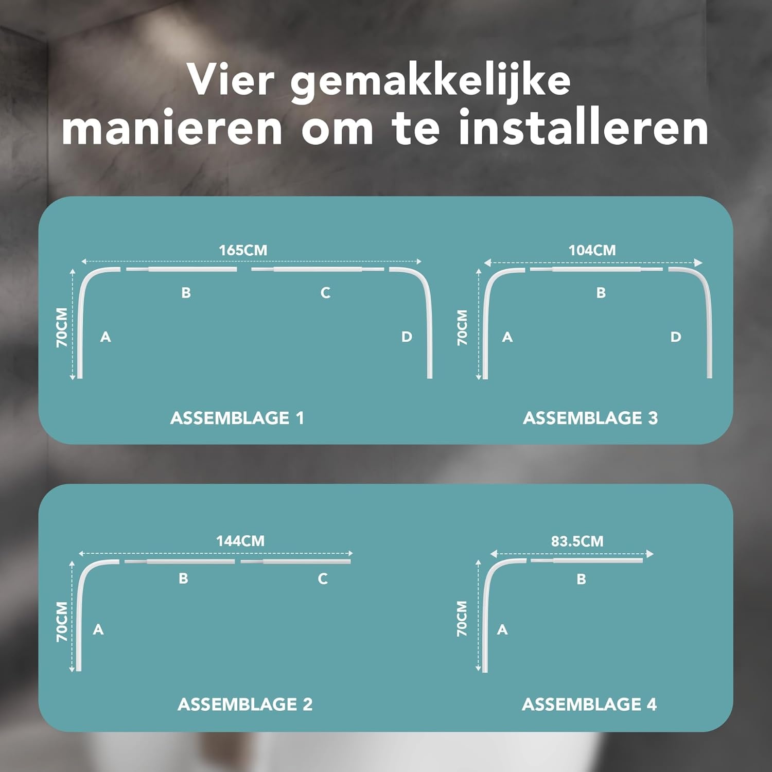 Erica ​U-Vormige Douchestang, 70x165x70cm, Hoekdouchestang voor Badkuip zonder Beugel aan het Plafond, PVC-Vrije Kunststof Coating, Roestvrij. Wit.