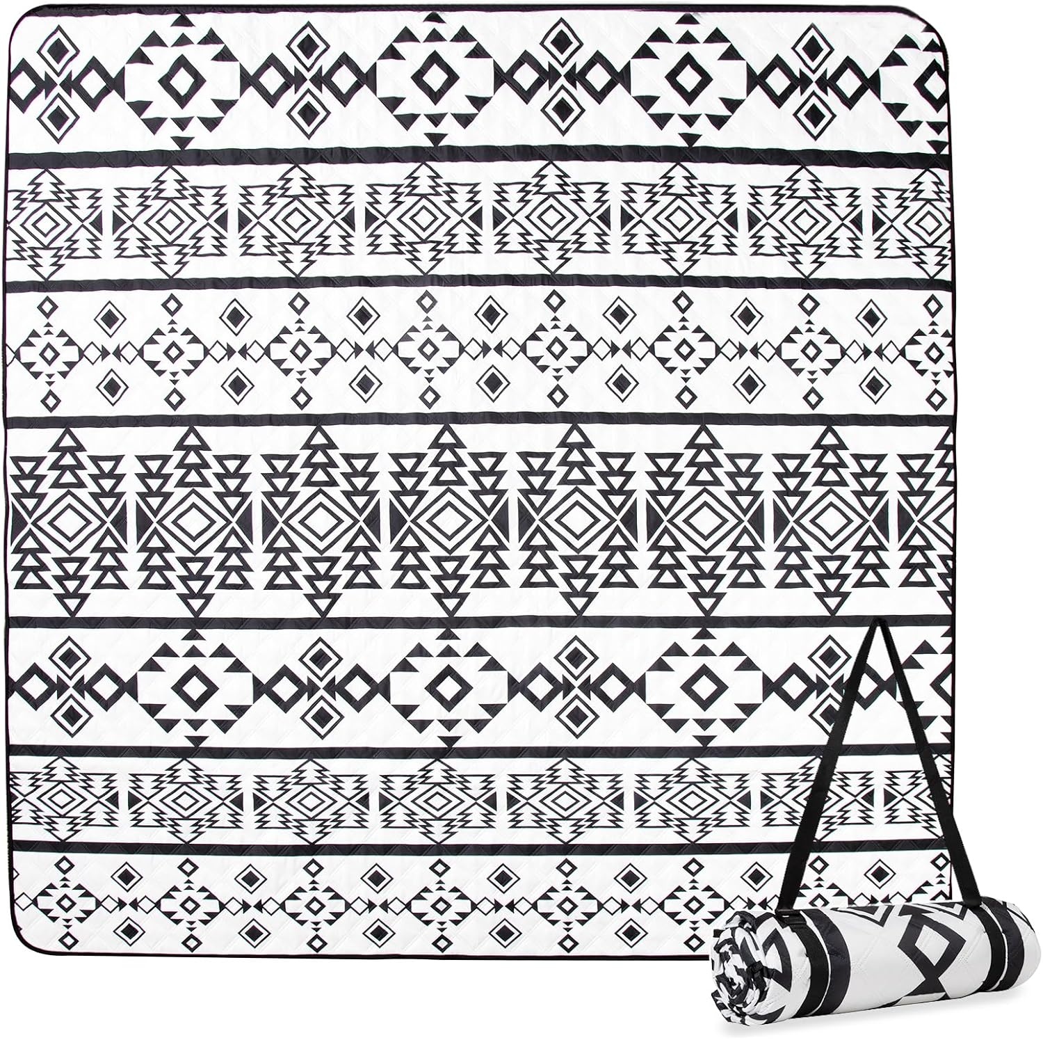 Sequpr Picknickdeken, waterdicht, 200 x 200 cm, stranddeken, campingdeken, opvouwbaar, strandmat, draagbaar, picknickdeken voor kamperen, wandelen, park, strand (zwart en wit)