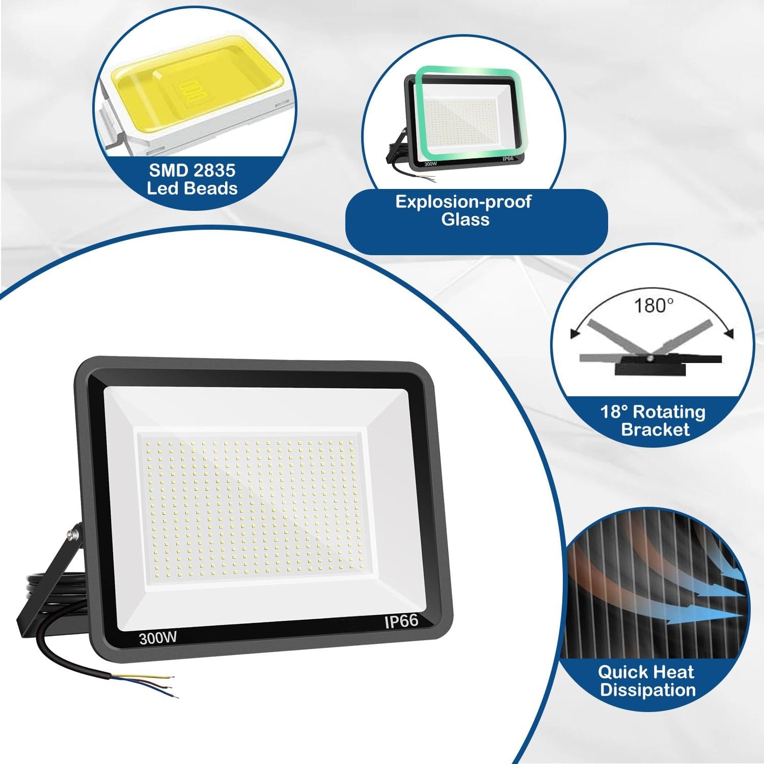 Led-spot voor Buiten Verlichting, Buitenverlichting, Tuinverlichting, Buitenlamp, 300 W, IP66, Waterdicht, Koudwit, 6500 K, 30.000 Lumen, voor Huis, Garage, Binnenplaats, Terras, Veld