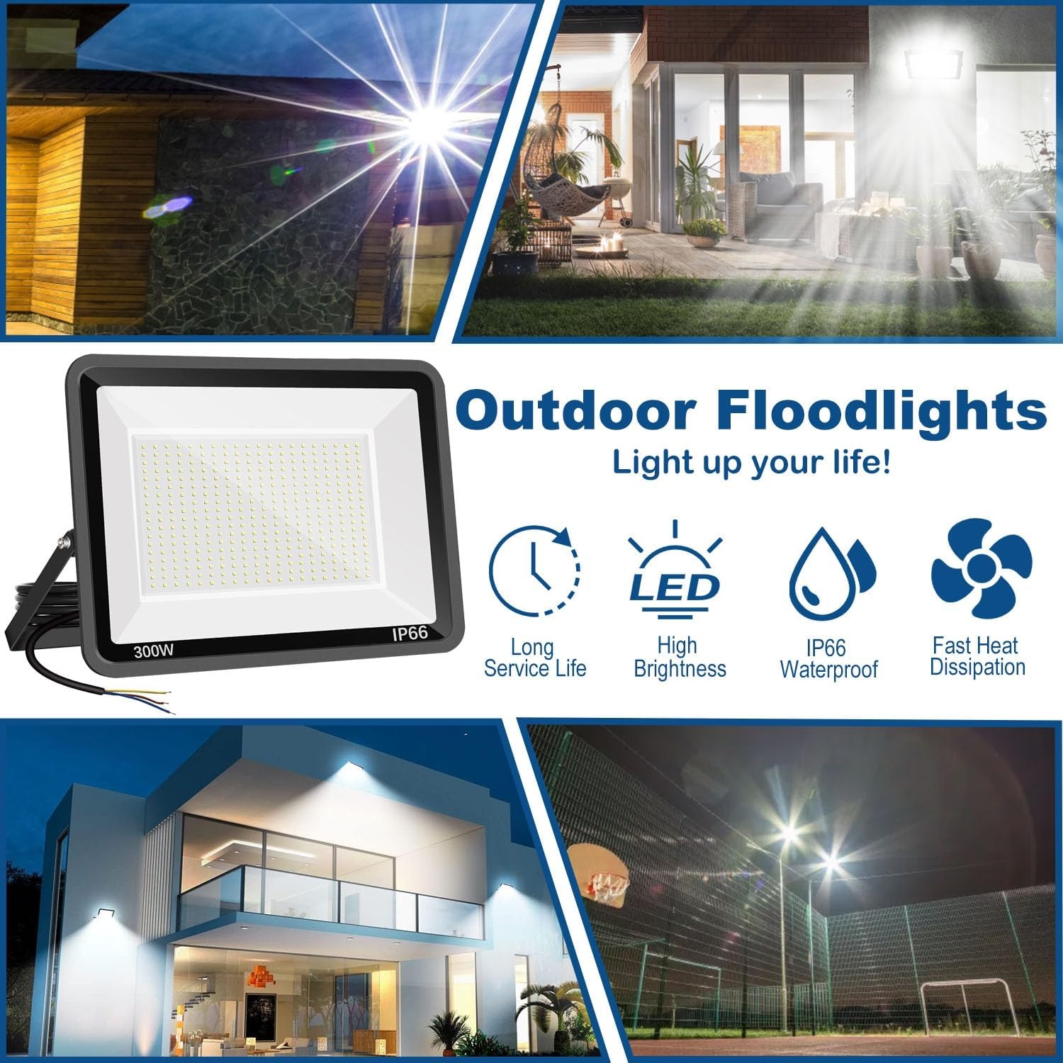 Led-spot voor Buiten Verlichting, Buitenverlichting, Tuinverlichting, Buitenlamp, 300 W, IP66, Waterdicht, Koudwit, 6500 K, 30.000 Lumen, voor Huis, Garage, Binnenplaats, Terras, Veld